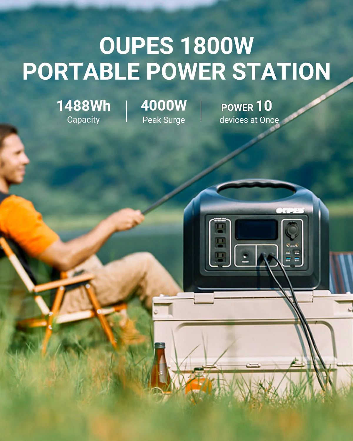 OUPES 1800W Portable Power Station with 2*100w Panels, 1488wh Solar Generator with 3 1800W AC Outlets, Emergency LiFePO4 UPS Battery Backup (4000W Peak) for Home Use, Camping