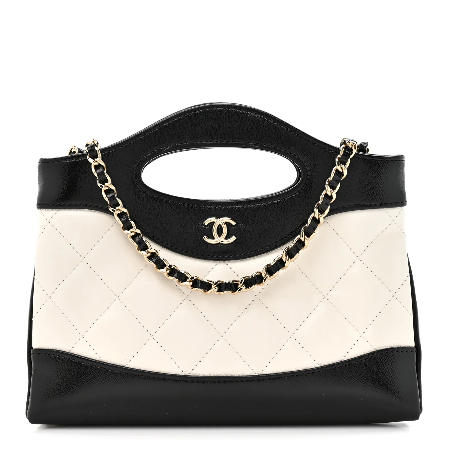 Shiny Crumpled Calfskin Quilted Nano 31 Shopping Bag White Black