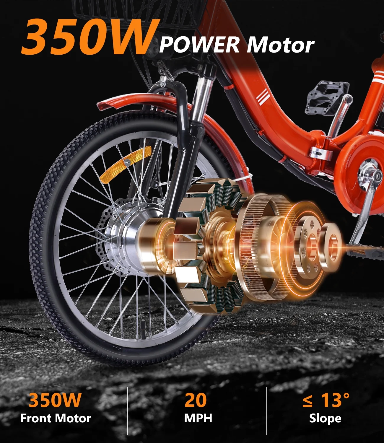 Electric Tricycle for Adults Folding Electric Trike 3 Wheel Electric Trike with Two-seater Large Basket Super Powerful Brushless 350W Motor 48V13AH Lithium Battery Max 20MPH E-Tricycle Orange - Image 5