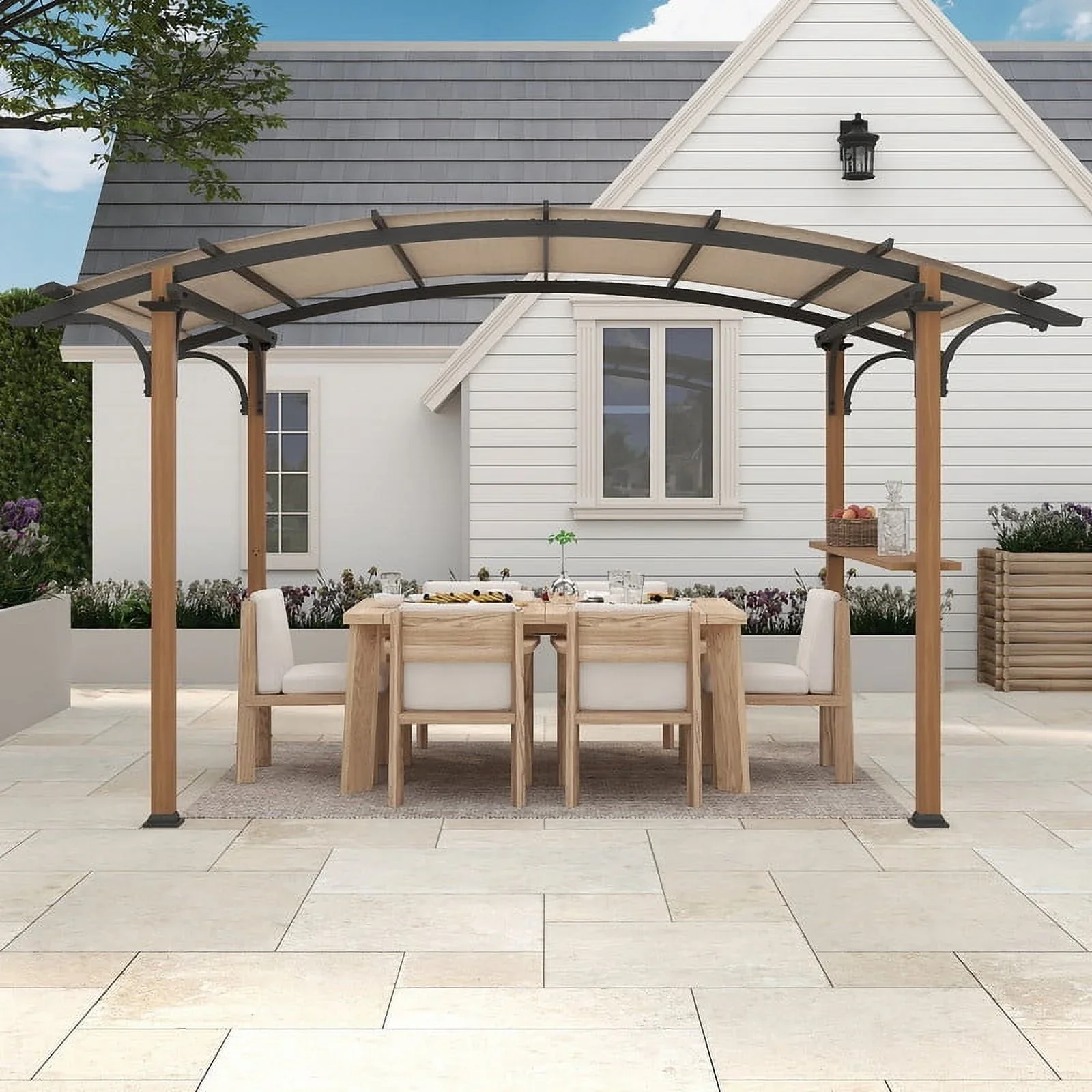 GAZEBETER 8.5 ft x 13 ft Outdoor Pergola with Arched Canopy,Natural Wood Looking Finish and Tan Shade for Backyard,Garden,Patio,Barbecue,Beige