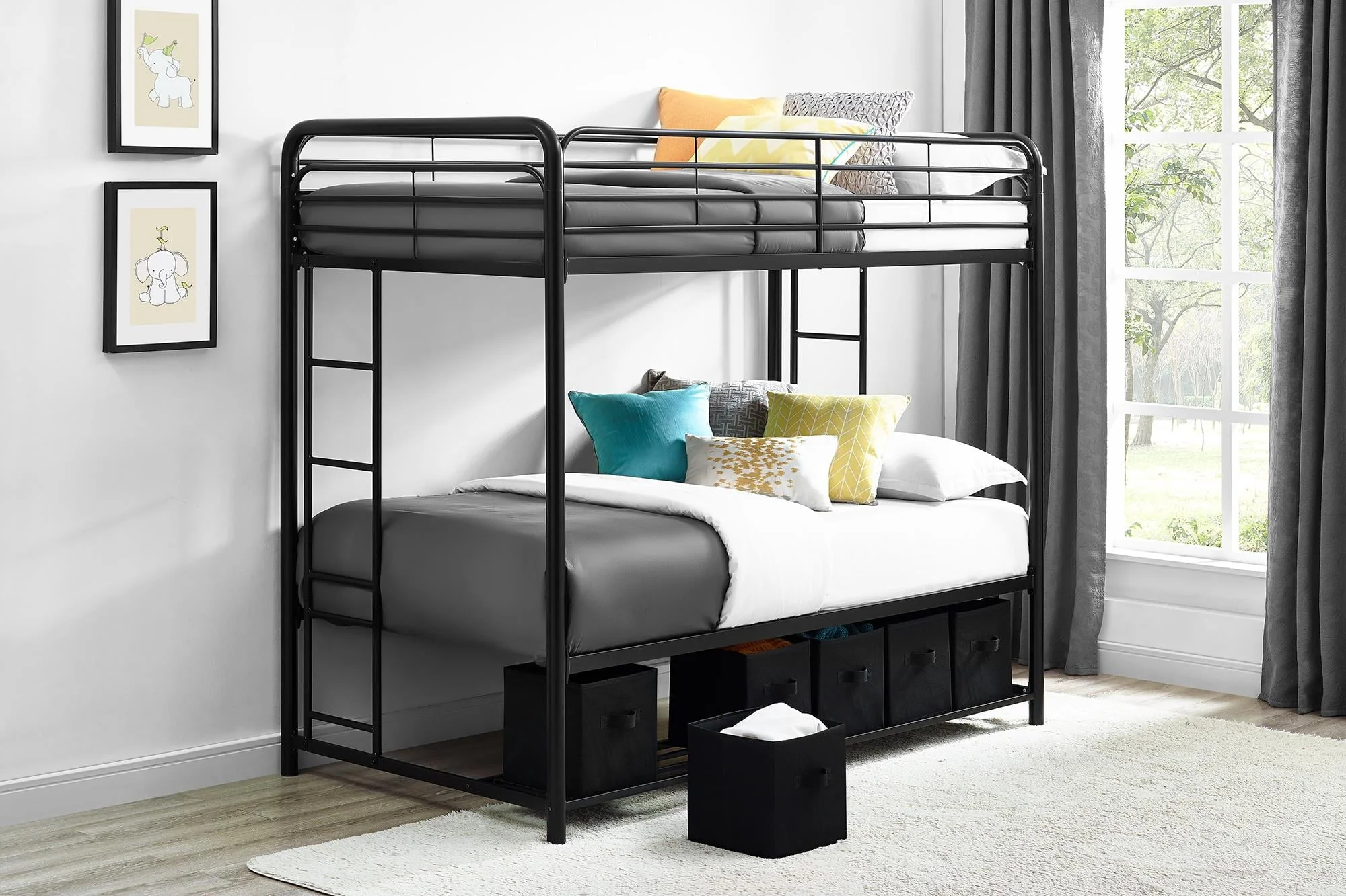 Mainstays Twin Over Twin Metal Bunk Bed with Storage Bins, Black