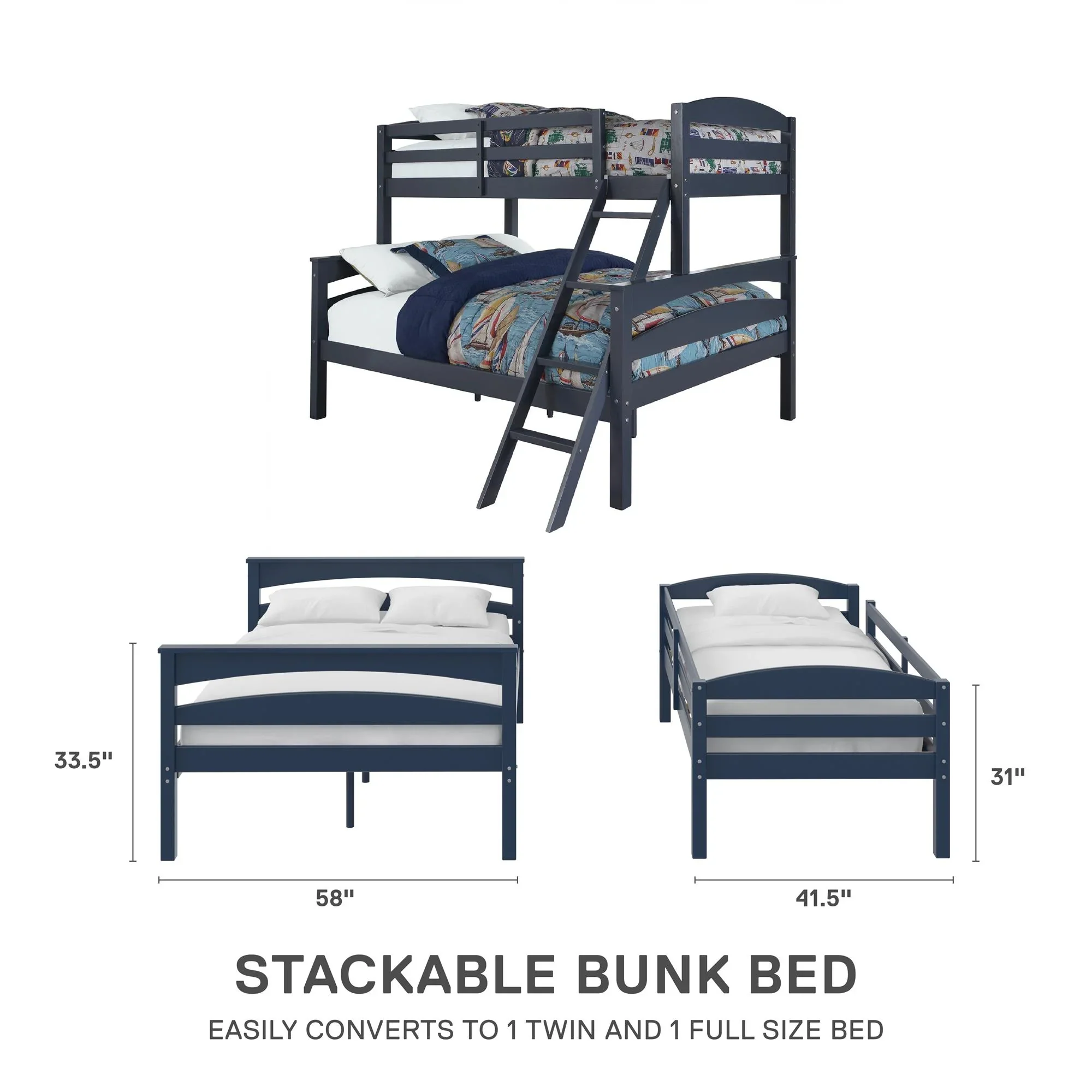 Better Homes & Gardens Leighton Kids' Convertible Twin-Over-Full Bunk Bed, Gray