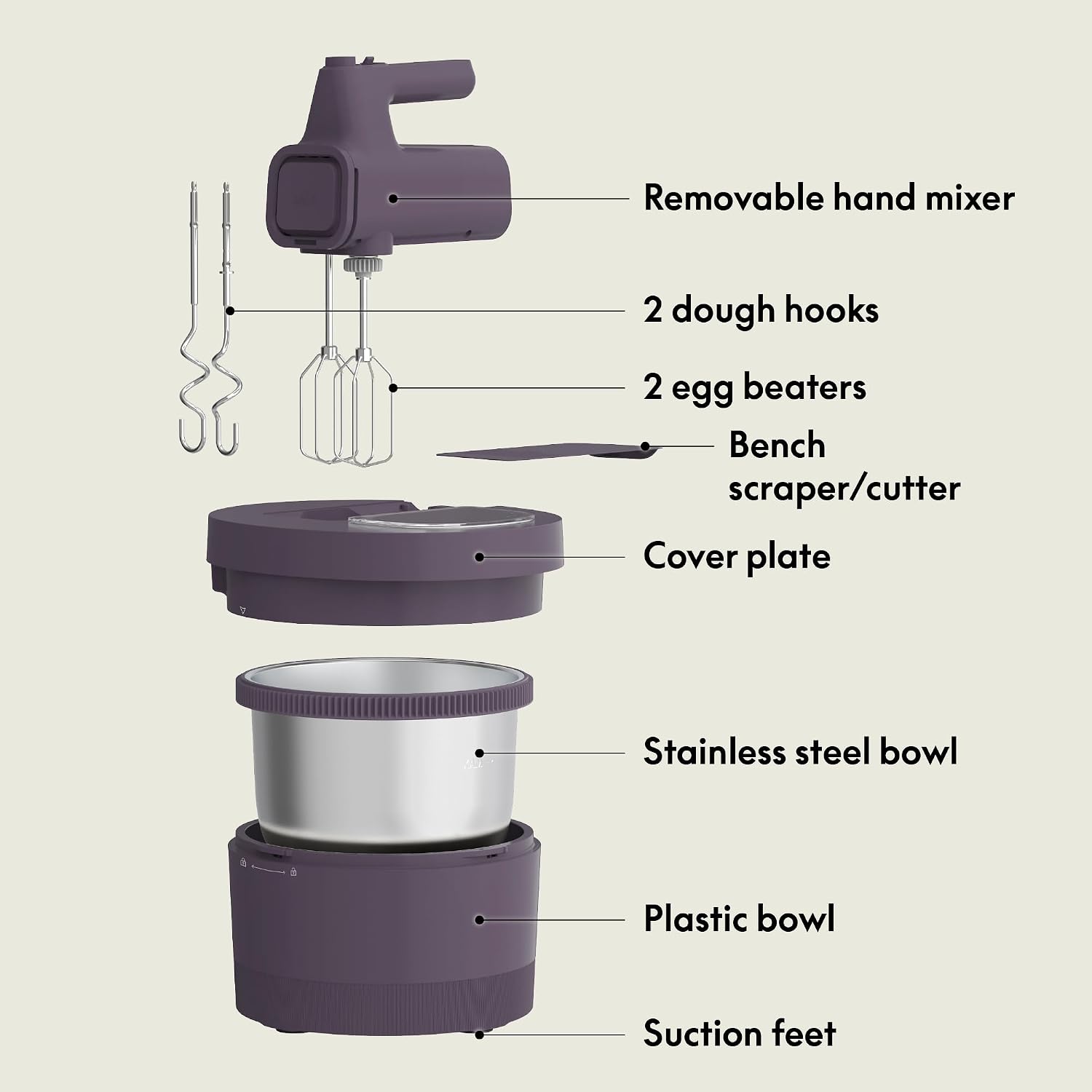 bella 3.5 Qt Hand & Stand Mixer, 2 in 1 Electric Mixer with Bowl, Plum