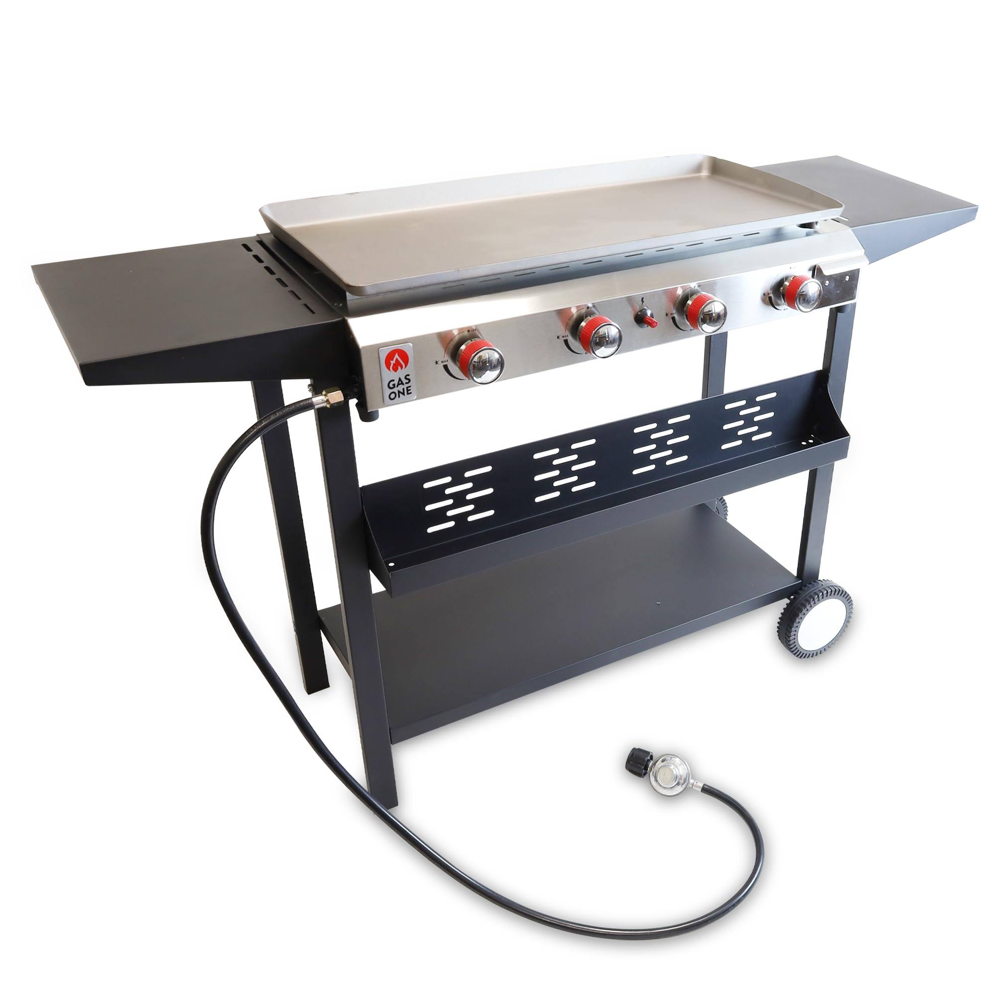 Gas One Flat Top Grill with 4 Burners ÿ Premium Propane Grill with Outdoor Grill Cart ÿ Stainless Steel Auto Ignition Camping Grill Outdoor Griddle