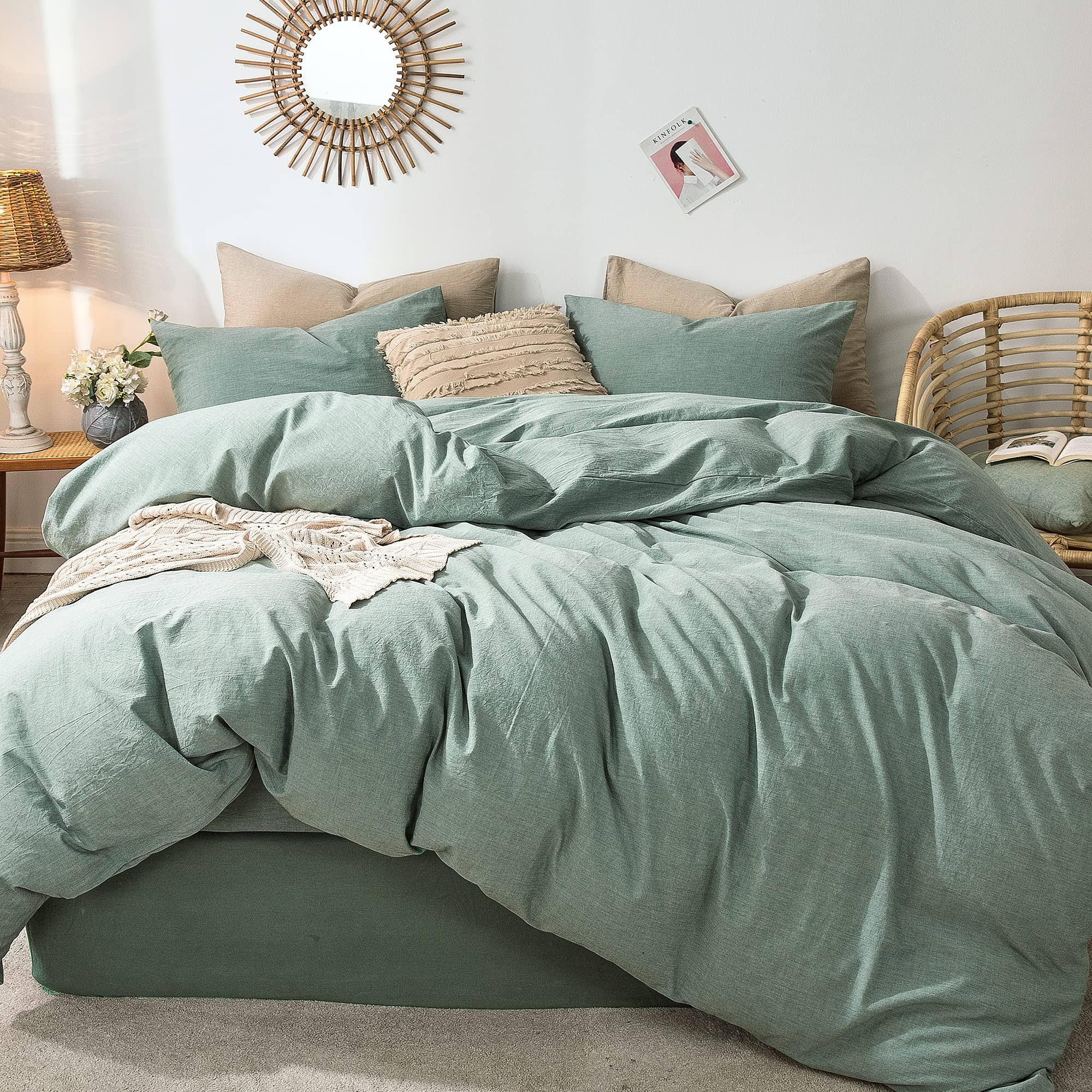 MooMee Bedding Duvet Cover Set 100% Washed Cotton Linen Like Textured Breathable Durable Soft Comfy (Green King)