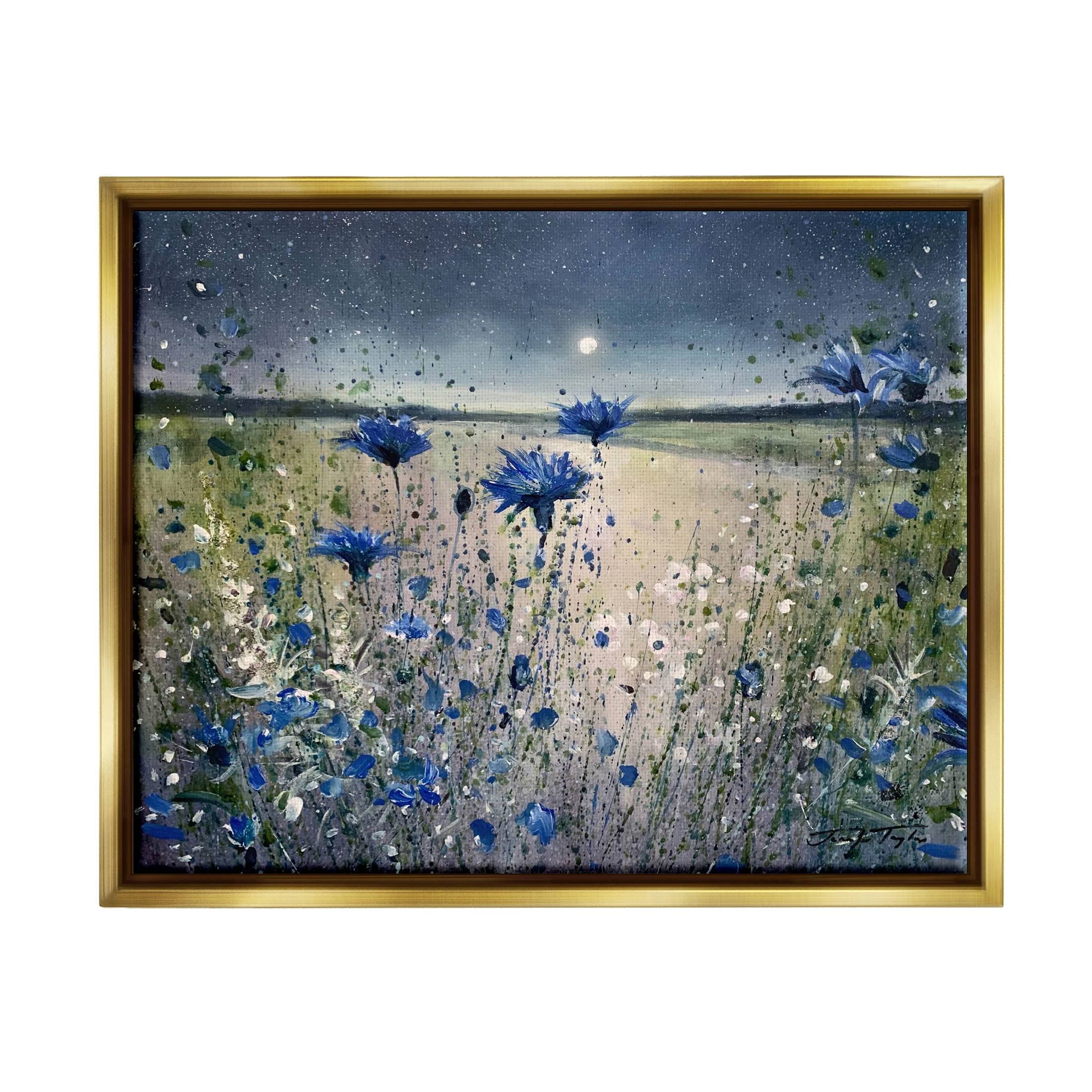 Stupell Blooming Blue Flowers Night Moon Floater Canvas Wall Art by Jennifer Taylor Art - 21 x 17 - Gold