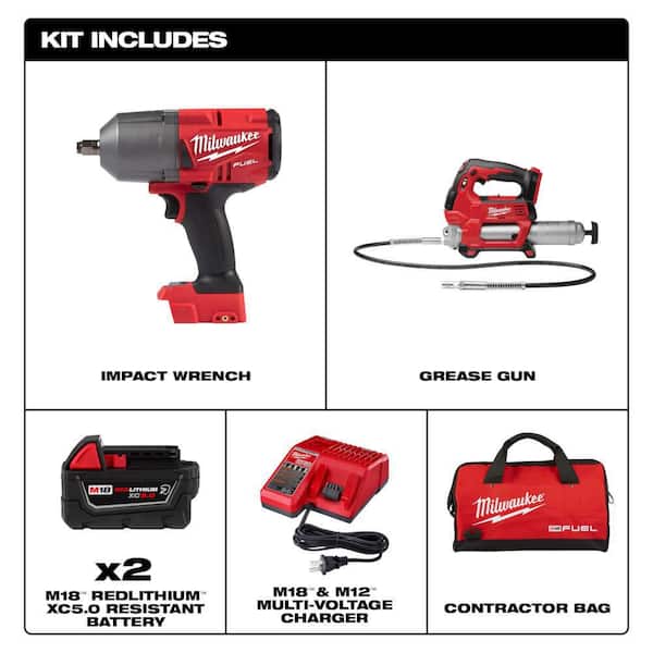 M18 FUEL 18V Lithium Ion Brushless Cordless 1/2 in High Torque Impact Wrench with Grease Gun Kit, Resistant Batteries Image 2