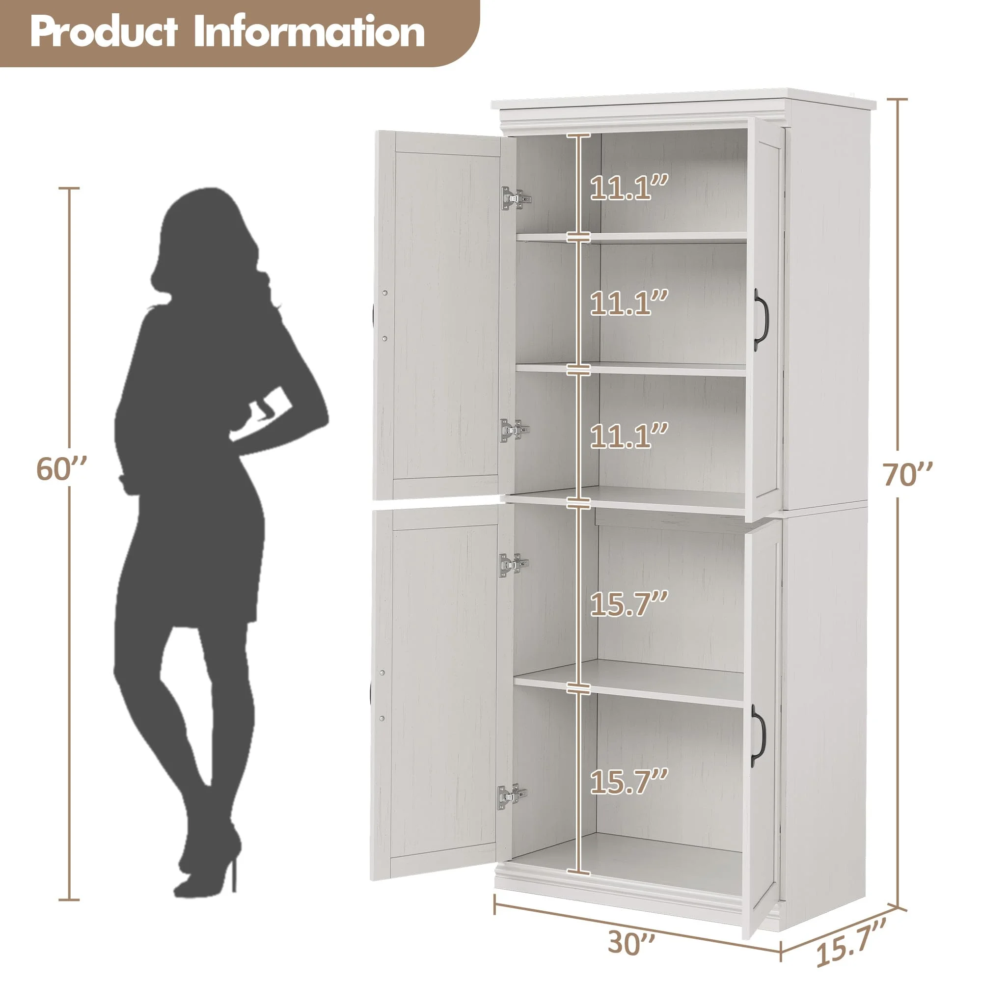 Pantry Cabinet, Freestanding Kitchen Pantry Storage Cabinet,70" Cupboard, Tall Storage Cabinet with Doors and Adjustable Shelves, for Bathroom, Dining Room, Living Room, Antique White/Gray(Antique White) - Image 2
