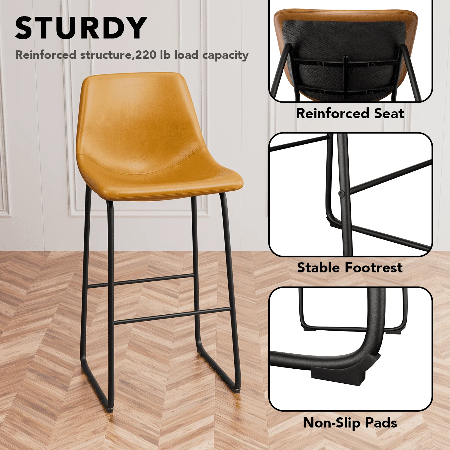 Homall Barstools High PU Leather Counter Bar Stool With Back and Footrest Set of 2, Light Brown(Black)