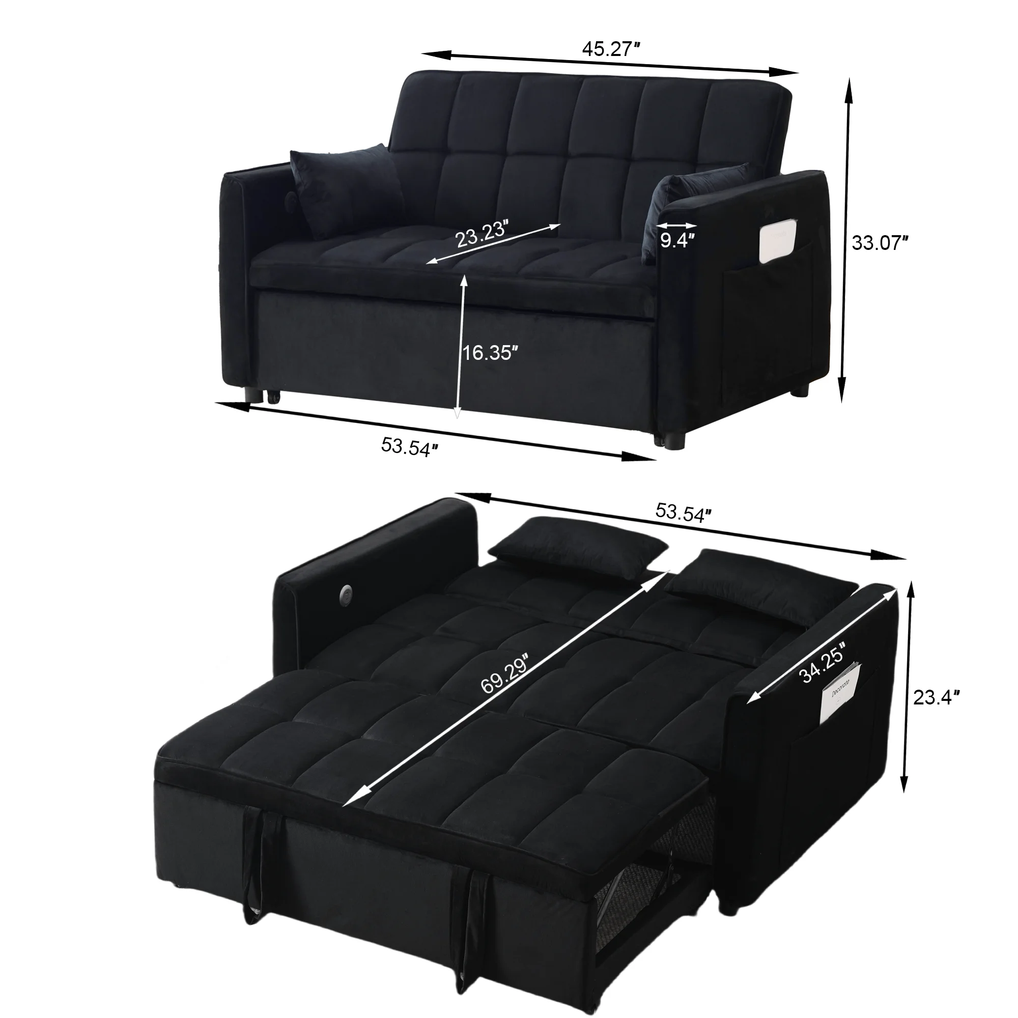 3-in-1 Convertible Sofa Bed �C USB Charging, Adjustable Backrest Pull-Out Couch Loveseat Sleeper for Living Room, Apartment Small Space,Black(Black-USB Charging Port) - Image 7