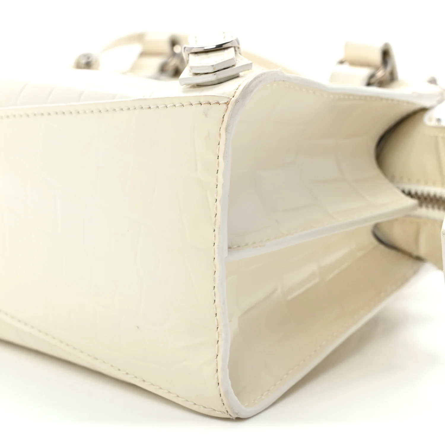 Semi Shiny Calfskin Crocodile Embossed Neo Classic Silver Hardware Nano City Crossbody White