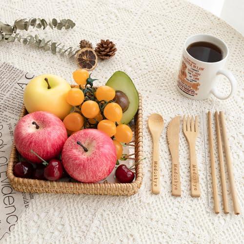 Boho Rattan Serving Tray, Moduskye Round Woven Shell Base Basket Tray With Handles, 11”Rattan Wicker Flower Tray Food Picnic Vanity Decor Basket