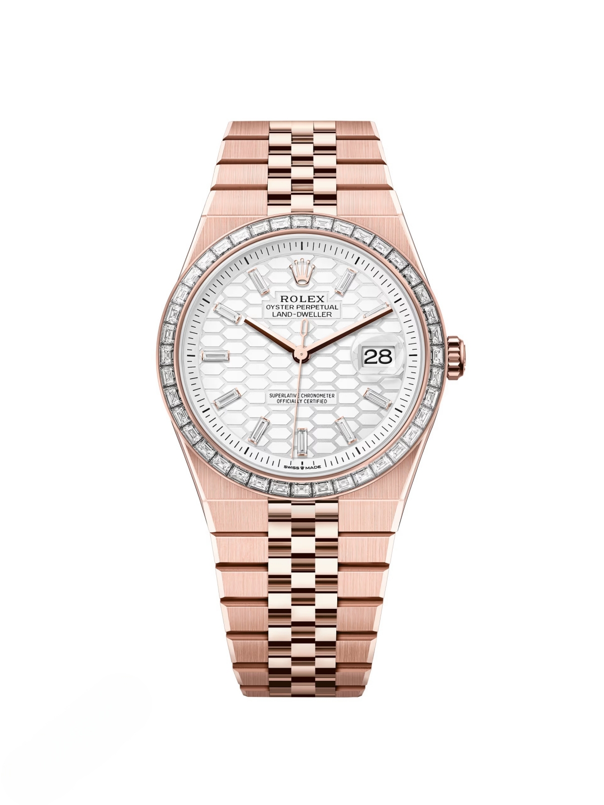 【Super Clone】RLX Land-Dweller 127385TBR-0003 White Honeycomb Dial Diamond Everose Jubilee Bracelet 40mm