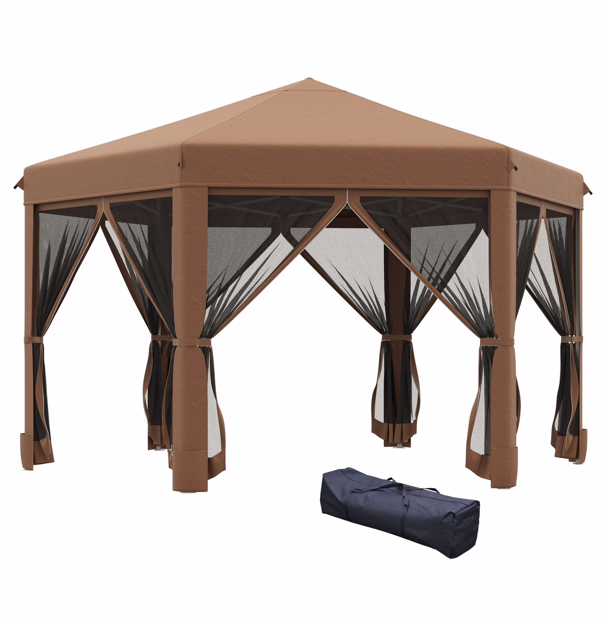13x13 Pop Up Canopy, Hexagonal Brown Canopy with Mesh Walls Adjustable Outdoor Camping Tent with Steel Frame Stakes