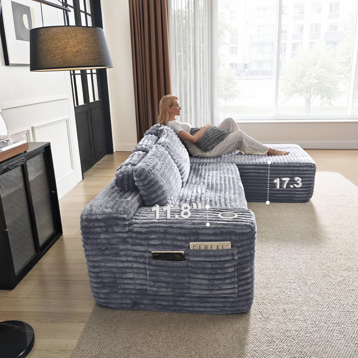 Canapé d'angle Cloud avec méridienne en L, canapé modulaire moderne, assise profonde, porte-gobelet intégré