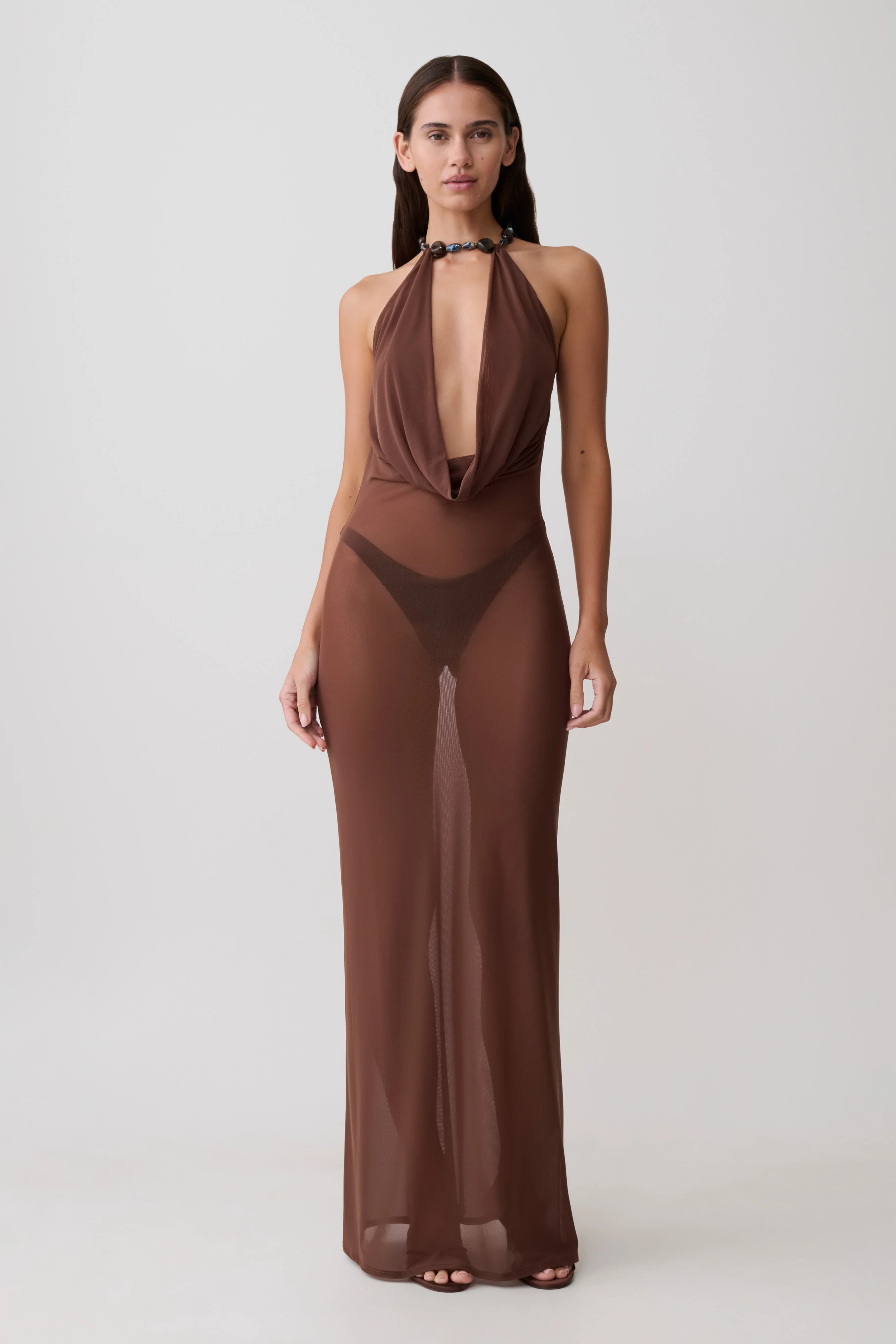 Ethal Mesh Cowl Neck Beaded Maxi Dress - Chocolate
