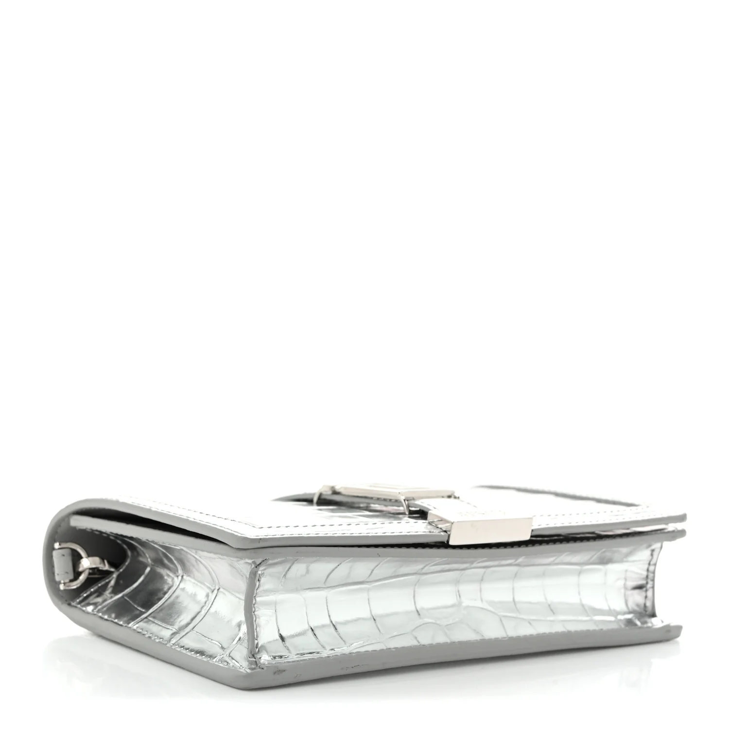 Metallic Crocodile Embossed Calfskin Greca Goddess Wallet On Chain Silver