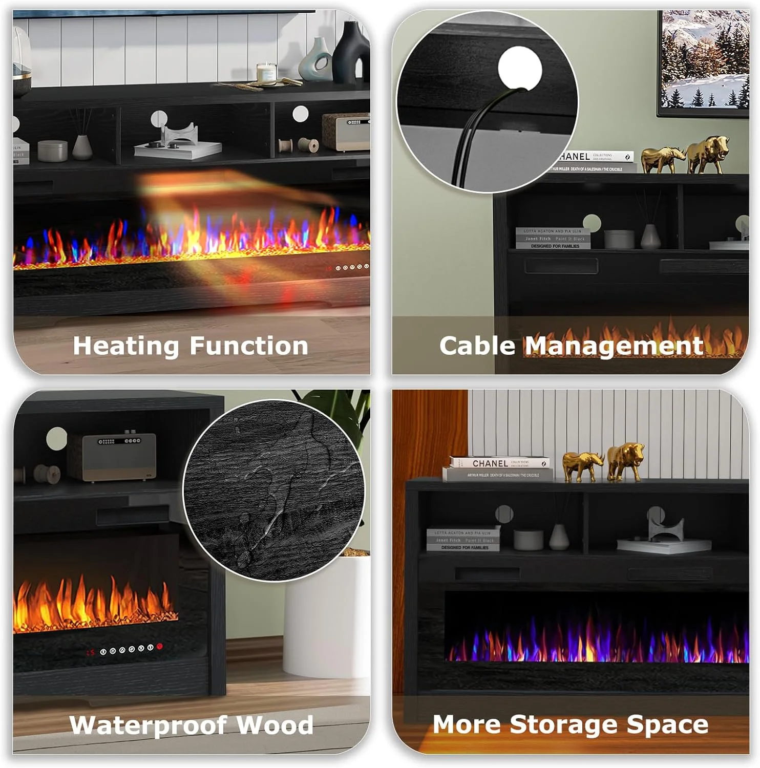 Fireplace TV Stand for TVs Up to 75" TV with 60" Electric Fireplace,Entertainment Center with Open Shelve Storage(Black) - Image 7