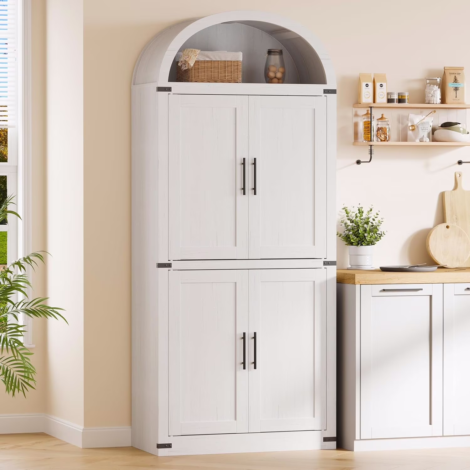 Arched Storage Cabinet, 71.6" Tall Kitchen Pantry with Doors, 5-Tier Farmhouse Bookshelf, Large Wooden Display Cabinet for Kitchen, Dining Room, Living Room, White(White)