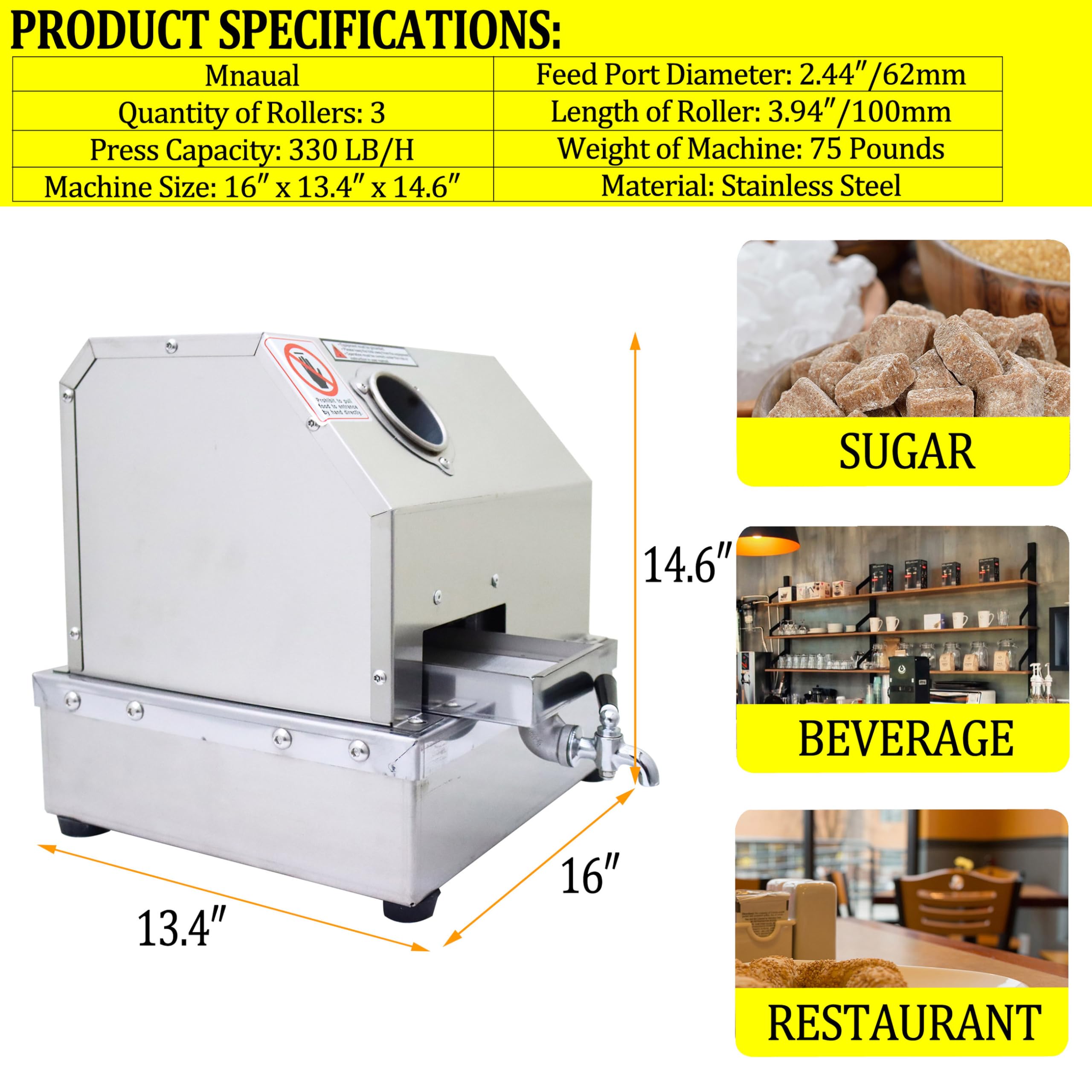 Manual Sugarcane Juicer Press Machine, Sugar Cane Ginger with Automatic Pressure Adjustable & Cleaning Port, 330LBS Output per Hour, Stainless Steel Sugar Cane Juice Squeezer for Home/Shop