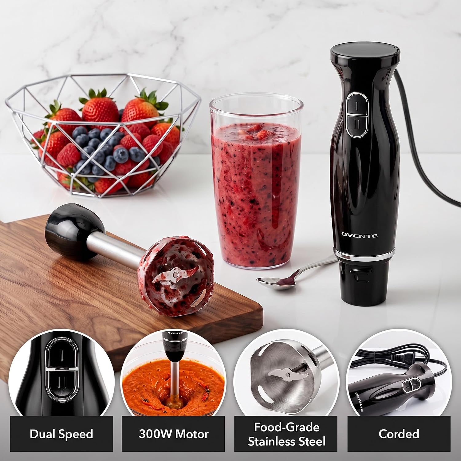 OVENTE Electric Corded Hand Blender, 300W with 2 Mixing Speeds Black HS560B| Handheld Immersion Stick Mixer with Stainless Steel Blades for Smoothies, Purees & Baby Food