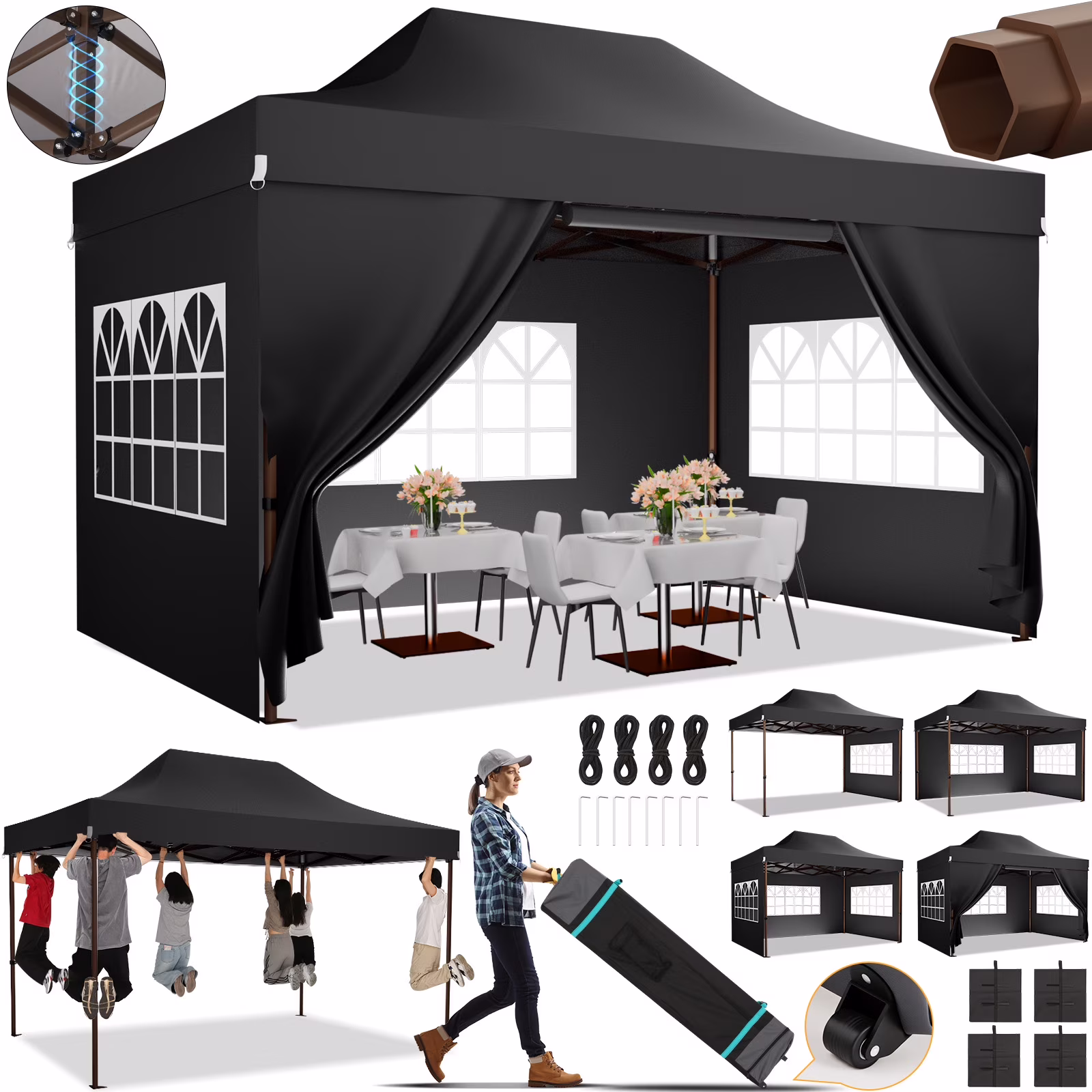 10x15 Pop Up Canopy Tent Heavy Duty with Sidewall, Commercial Outdoor Easy Pop Up Gazebo for Party Wedding All Weather Waterproof UV 50+ with Roller Bag(Leg Upgraded),Black(10 x 15/Black)