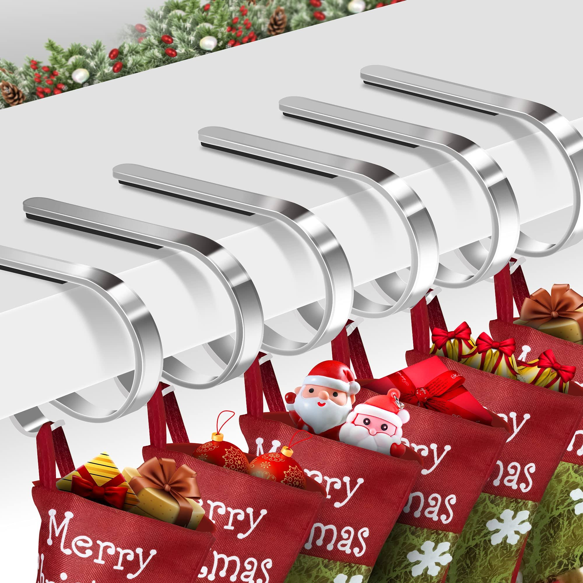 Loncaster Christmas Stocking Holders for Mantle Set of 6, Non-Slip Adjustable Stocking Holders, Stocking Hanger for Christmas Party Decorations (Silver)