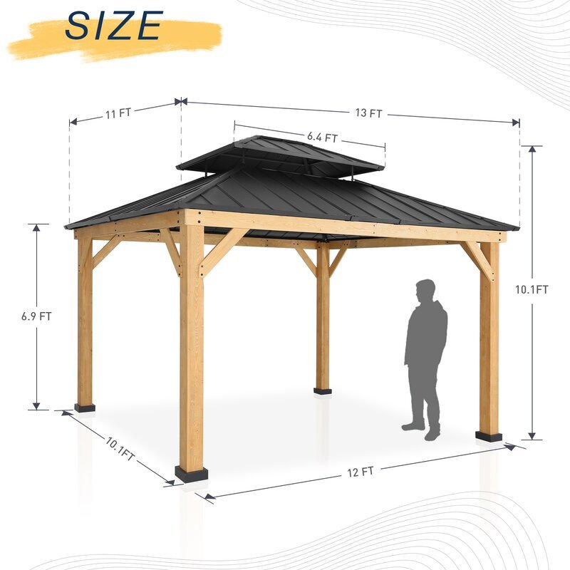 Gazebo de patio en bois massif de 13 pi de largeur x 11 pi de profondeur