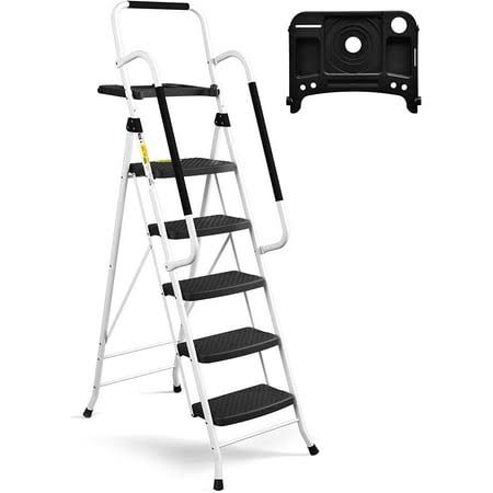 HBTower Folding 5-Step Ladder. 330lbs. with Handrails and Tool Tray and Anti-Slip Pedal. White-Instock