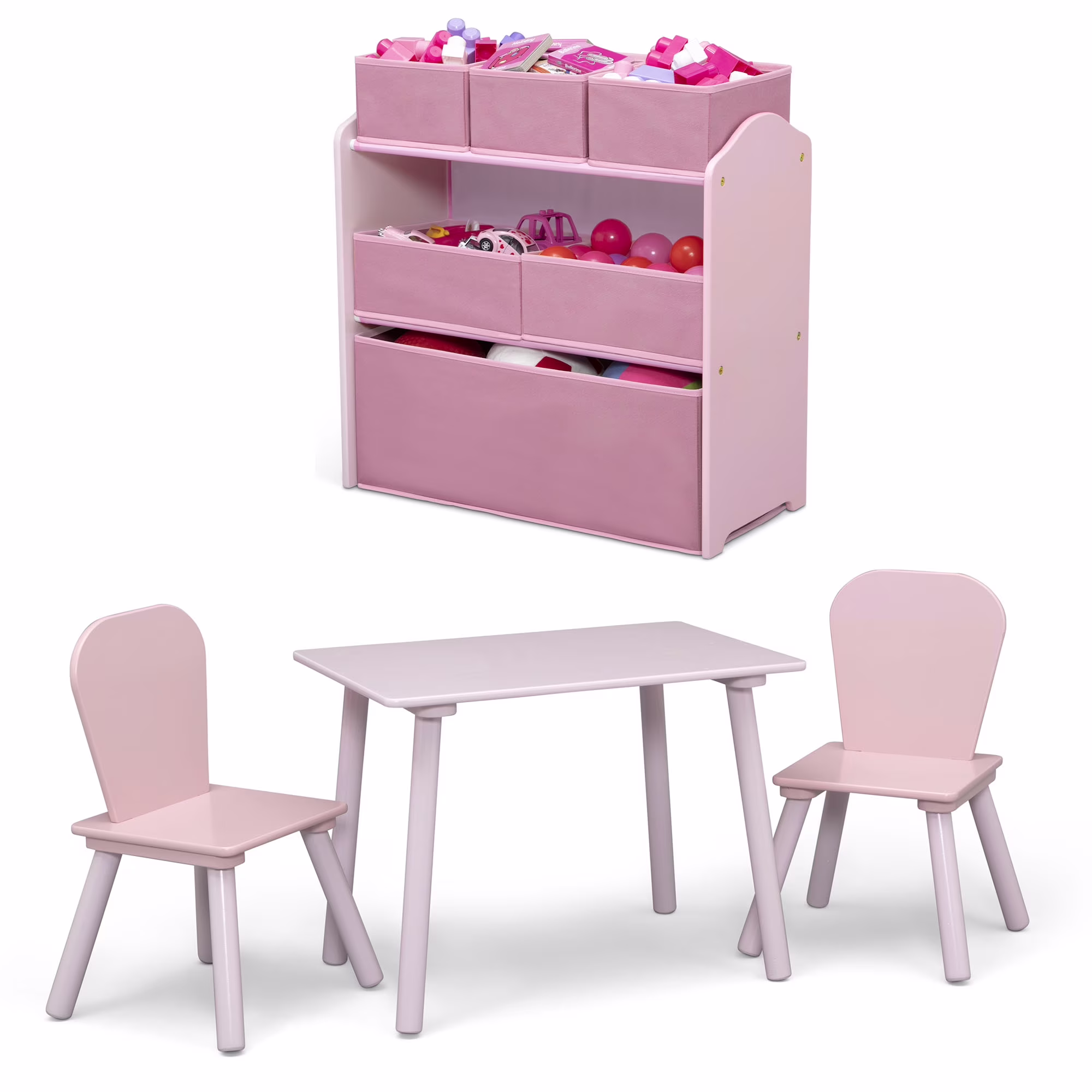 4-Piece Toddler Playroom Set �C Includes Play Table, 2 Chairs and 6 Bin Toy Organizer with Reusable Vinyl Cling Stickers, Light Pink/Dark Pink(Pink)