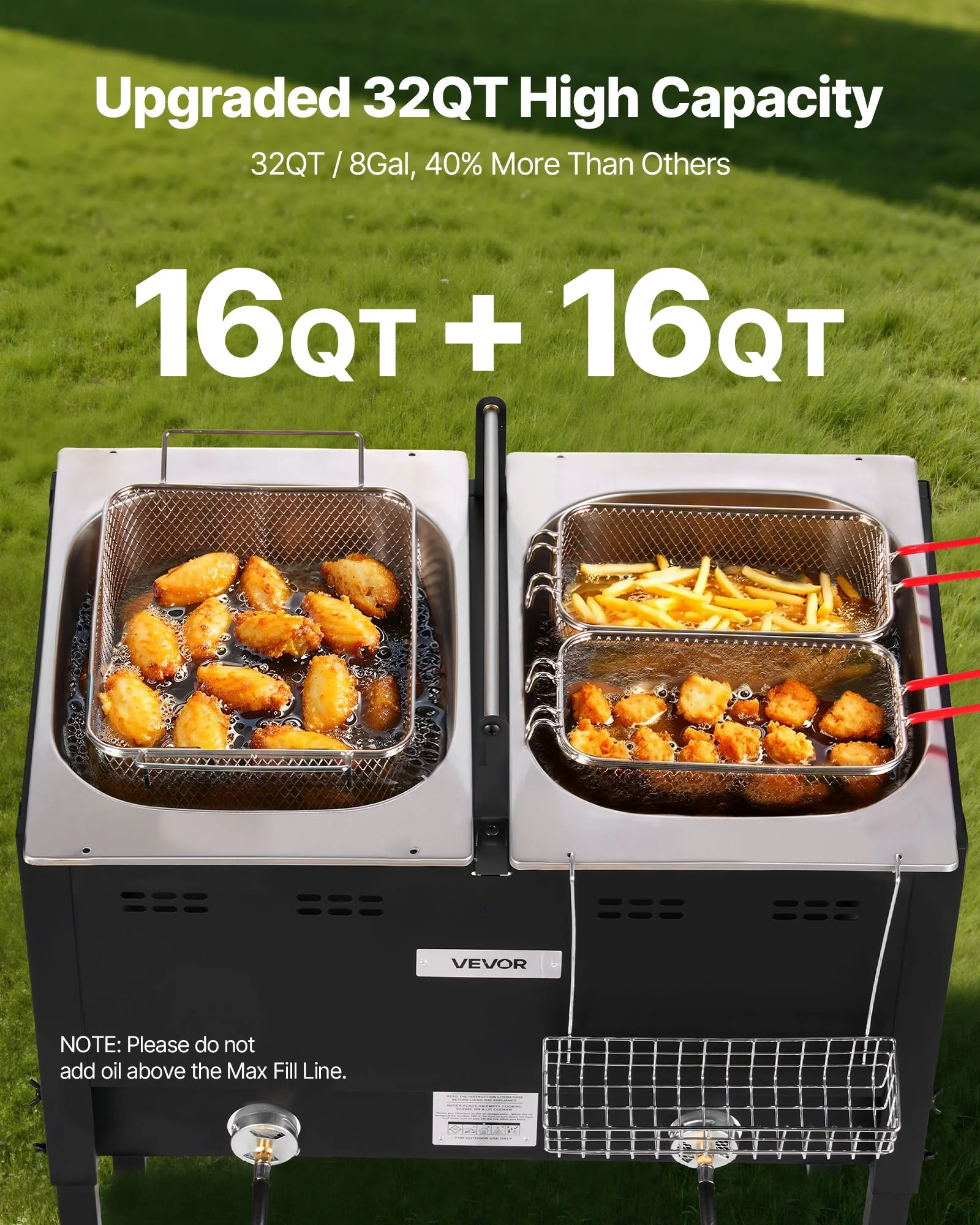 VEVOR Outdoor Propane Deep Fryer, Dual - Tank 16qtx2 Large Capacity Commercial Fryer, Stainless Steel Fish Cooker with 3 Basket, Thermometer, Floor Standing Fryers for Catering Event Camping, 50, 000 BTU