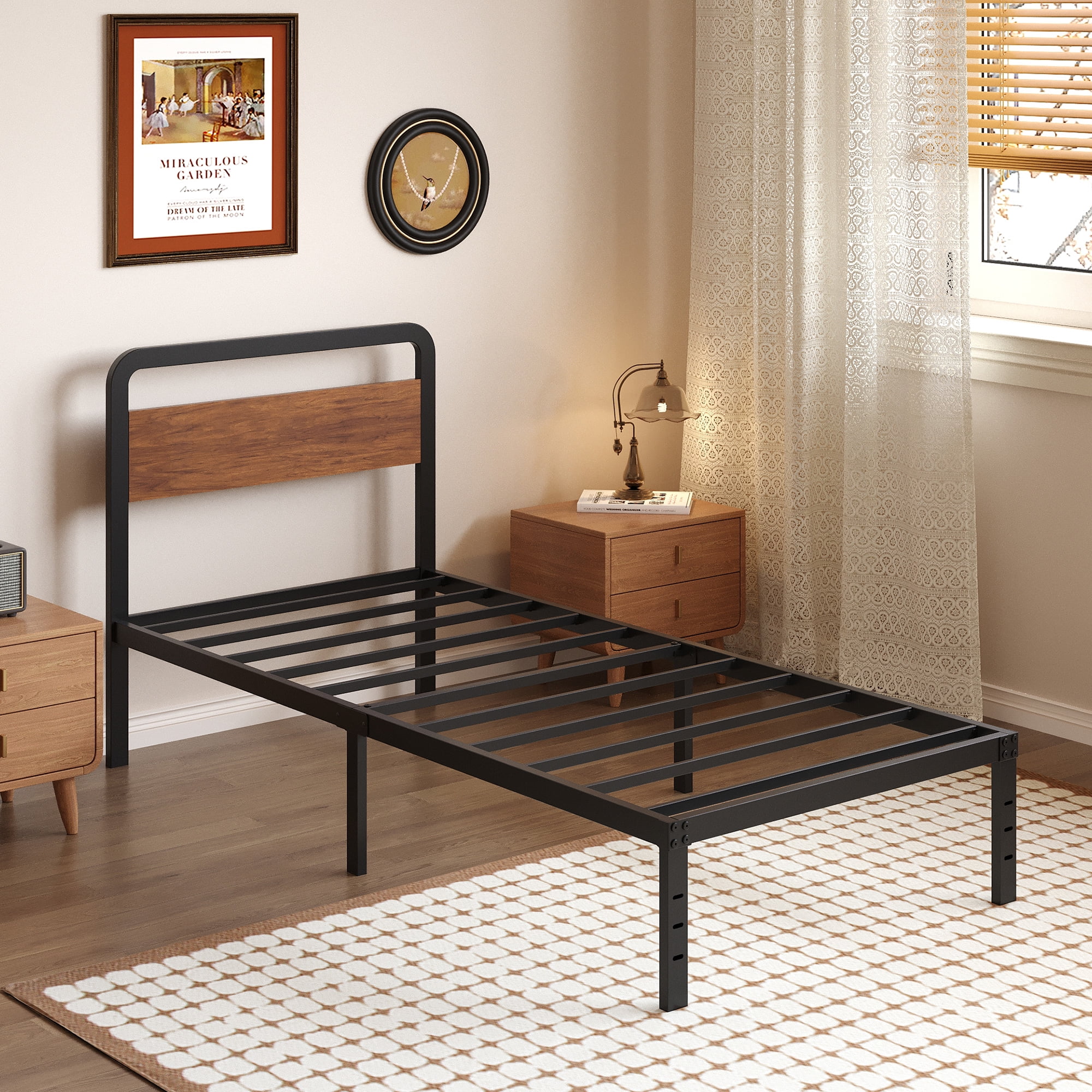 Maenizi Twin XL Bed Frames with Upholstered Headboard, 18 in Twin XL Metal Bed Frame No Box Spring Needed, Heavy Duty Metal Slats, Noise Free, Easy Assemble, Grey