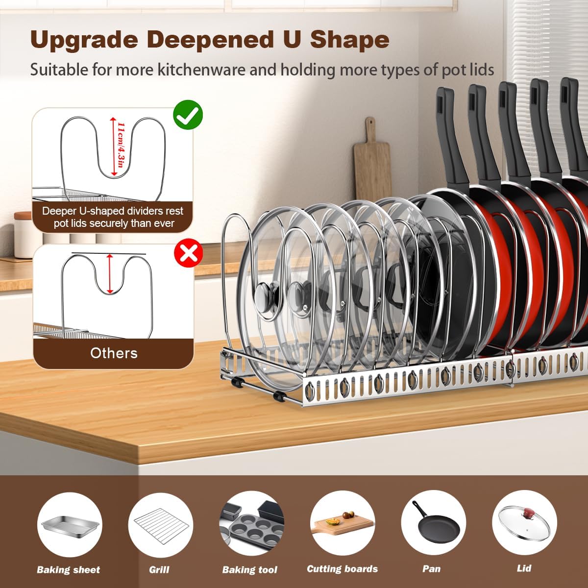 Housolution Pot and Pan Lid Organizer Holder Storage Rack, Silver