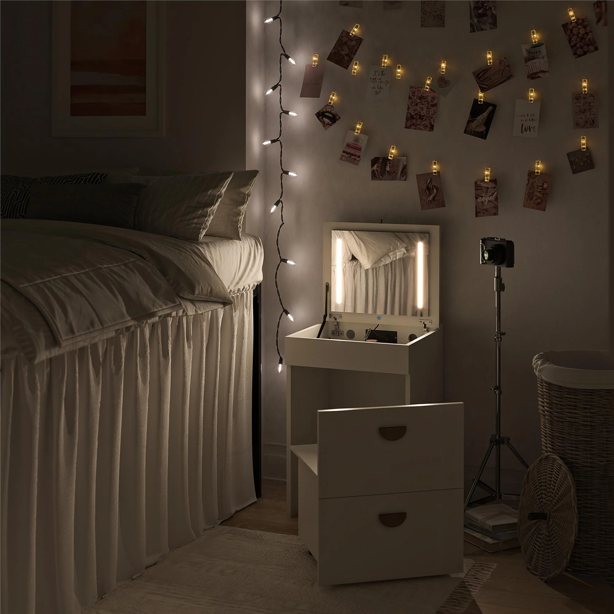 Compact 3-in-1 Vanity Set, Makeup Storage Desk Stool, Mirror w/ LED lights USB Charging Station, White - Image 5