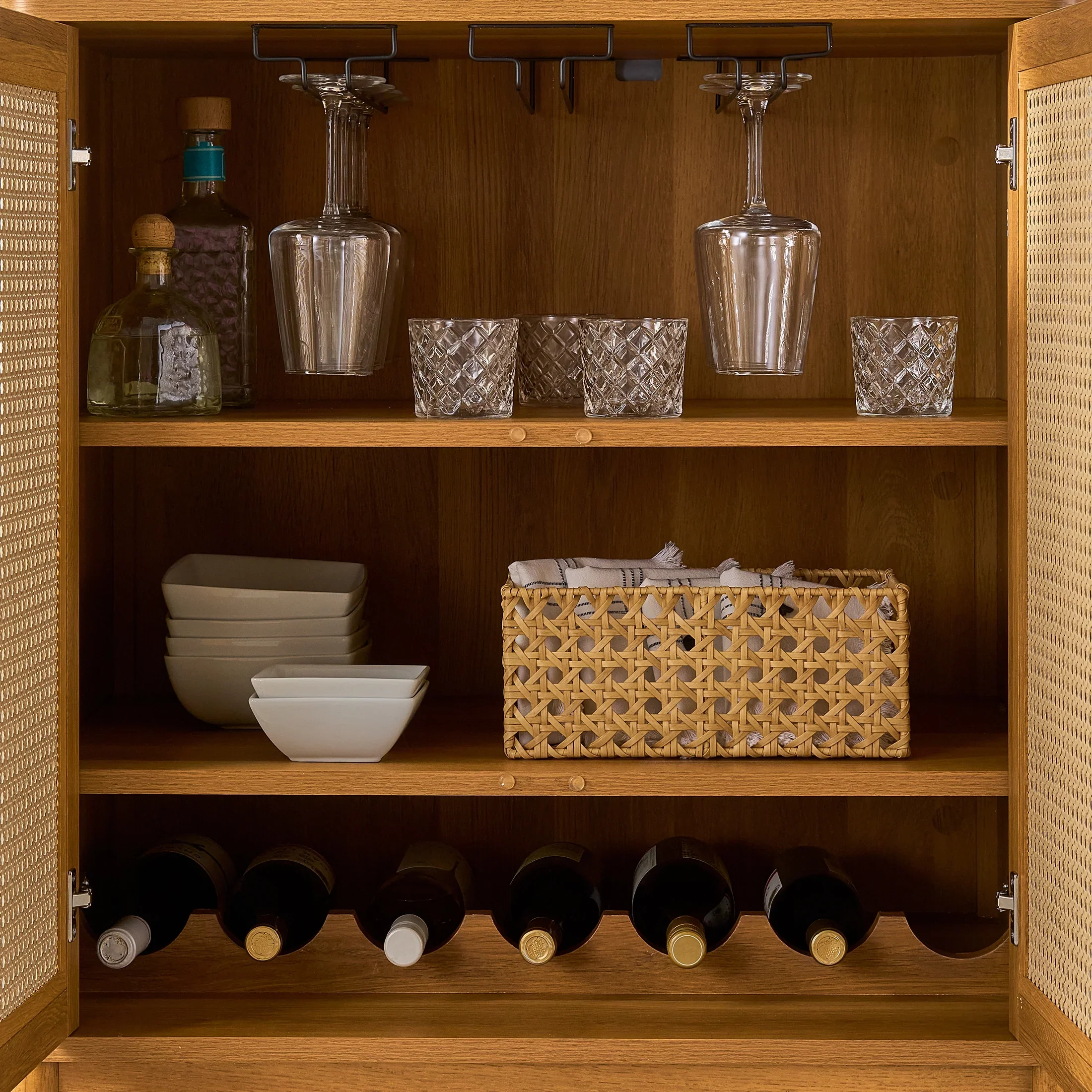 Better Homes & Gardens Springwood Caning Bar Cabinet, Light Honey Finish