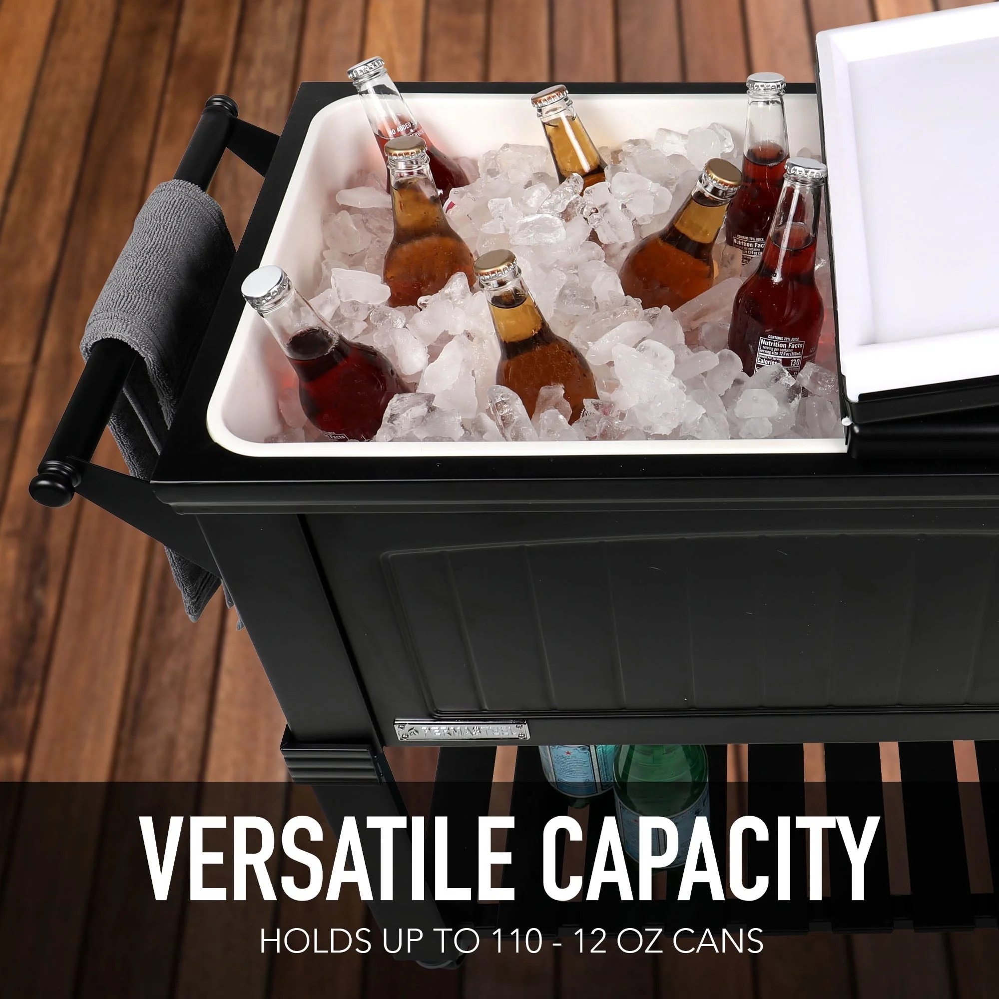 80 Qt Antique Outdoor Steel Patio Cooler on Wheels, Rolling Cooler Cart, Wooden Teak Style, Black(Black) Image 9