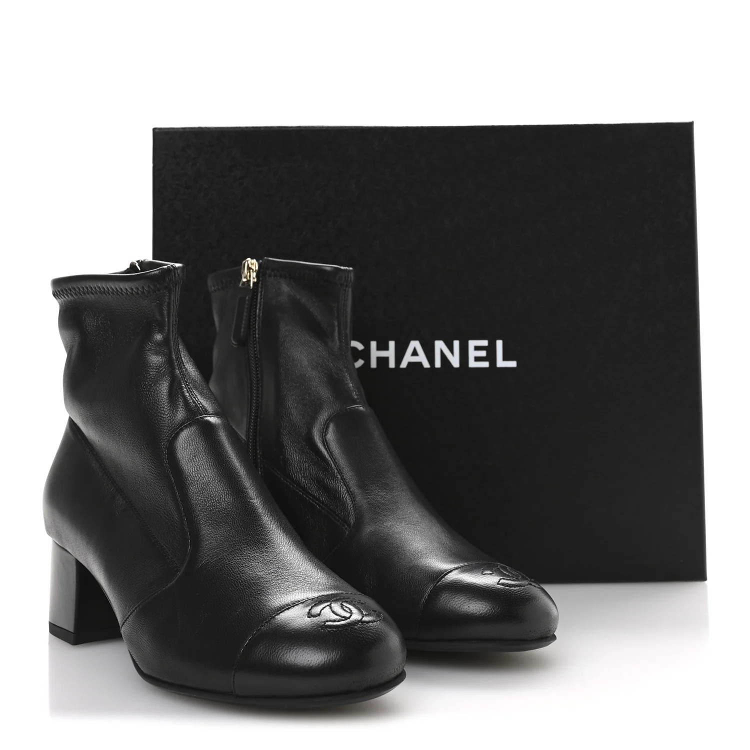 Stretch Lambskin Cap Toe CC Uniform Short Boots 36.5 Black