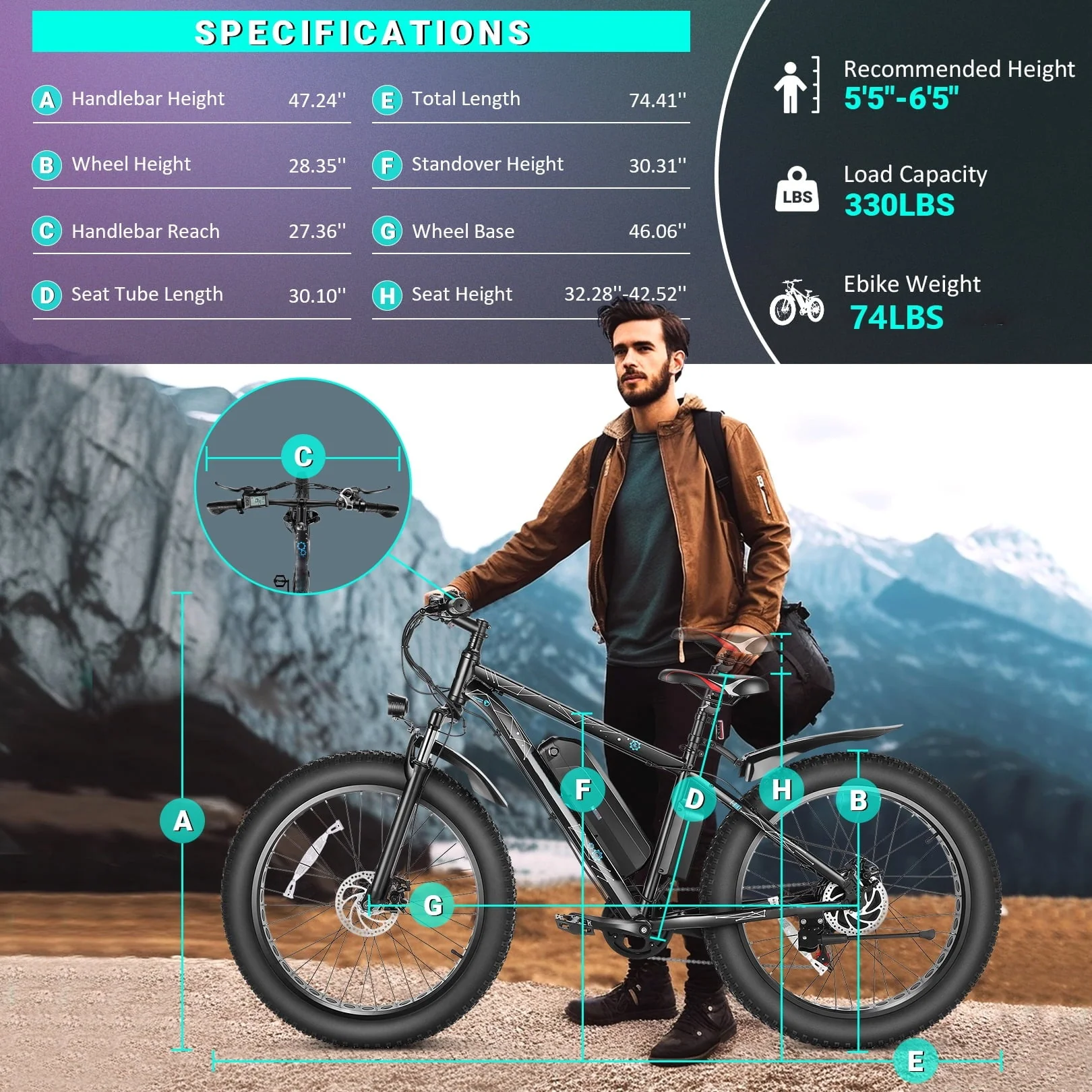 26" 4 0 Fat Tire Electric Bike for Adults, 500W Adults E Bike, 48V 13Ah Removable Li Ion Battery, Professional 7 Speed, Electric Mountain Bicycle Beach Bike Snow Bike Ebike for Men Image 10