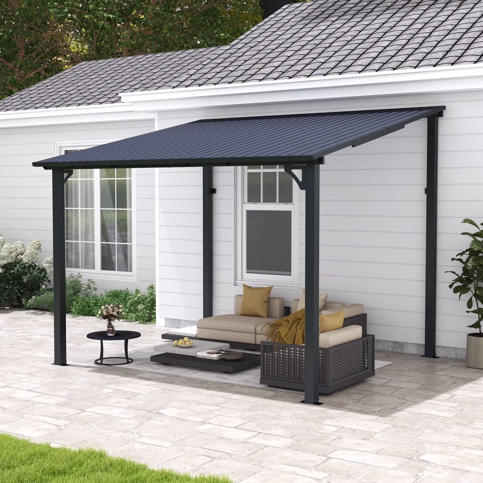 8' x 10' Outdoor Pergola Gazebo, Lean to Awnings Gazebos, Heavy Duty Hard Top Metal Pergola with Roof, for Patio, Backyard, Decks, Poolside(8' x 10')
