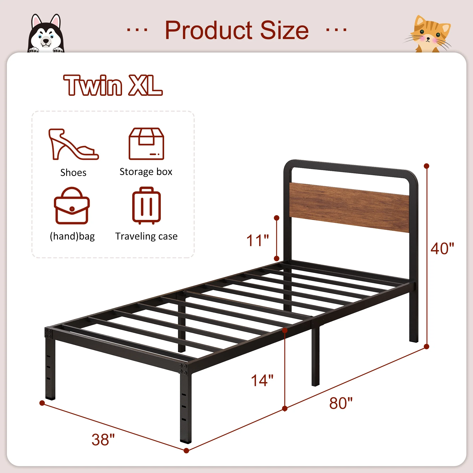 Maenizi Twin XL Bed Frames with Upholstered Headboard, 18 in Twin XL Metal Bed Frame No Box Spring Needed, Heavy Duty Metal Slats, Noise Free, Easy Assemble, Grey