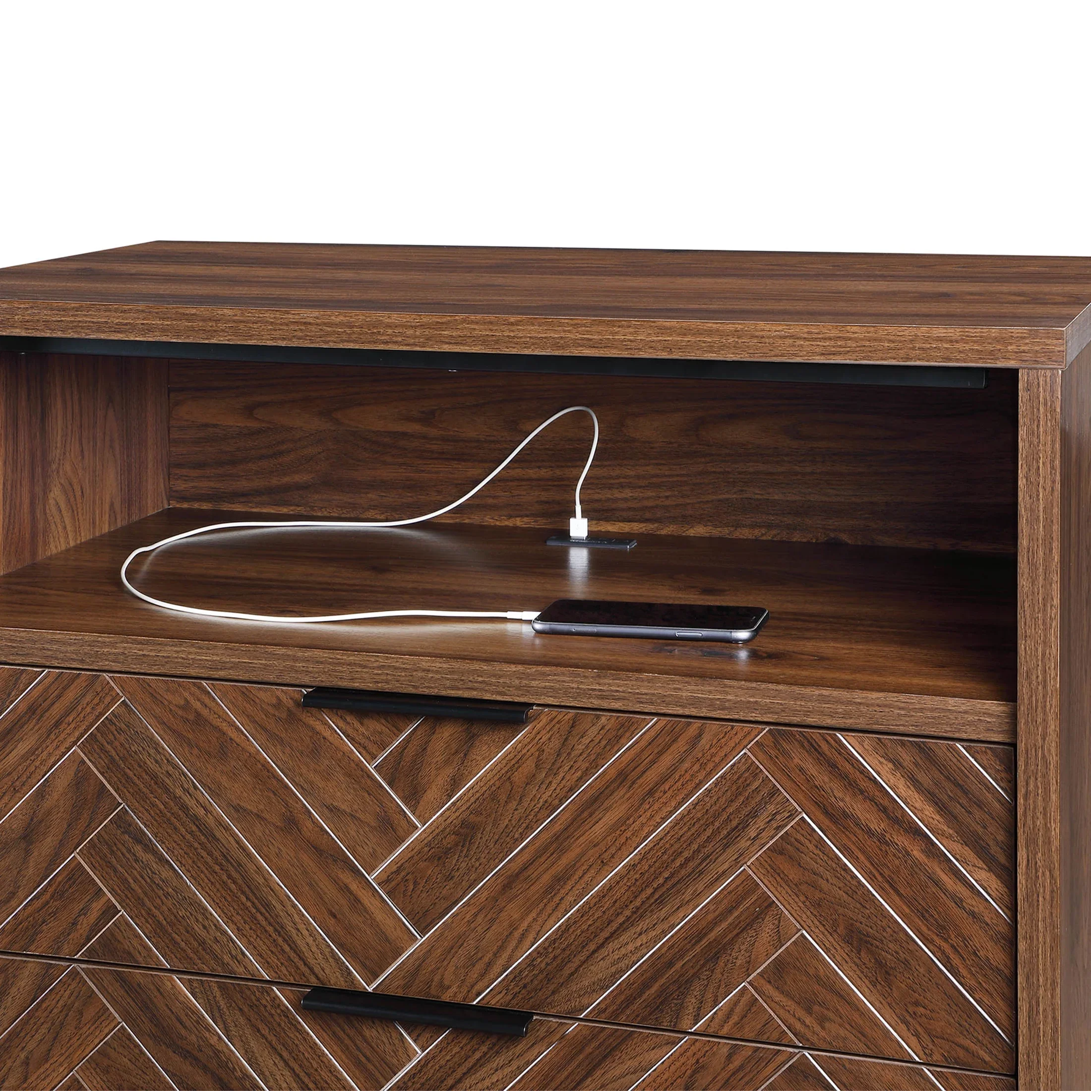 Better Homes & Gardens Wyatt Geo 2-Drawer Nightstand with USB, Walnut Finish