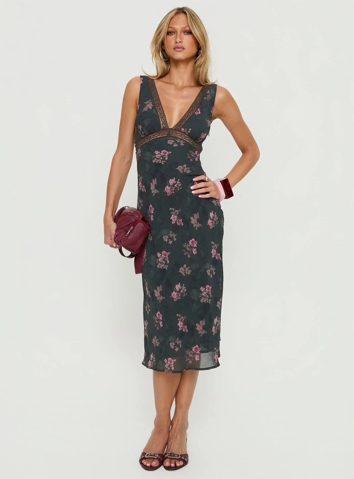 Kenadi Lace Bias Midi Dress Black Floral