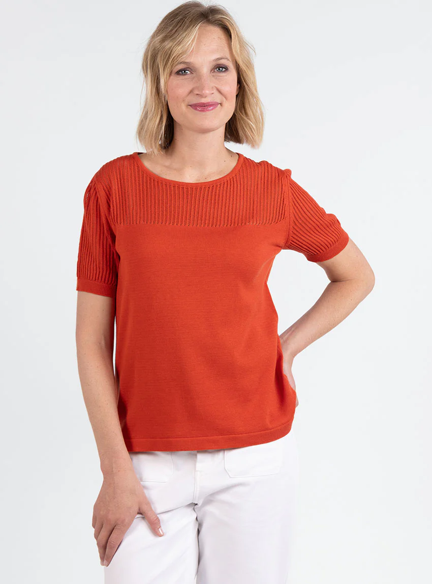 Pull femme manches courtes coton orange terracotta