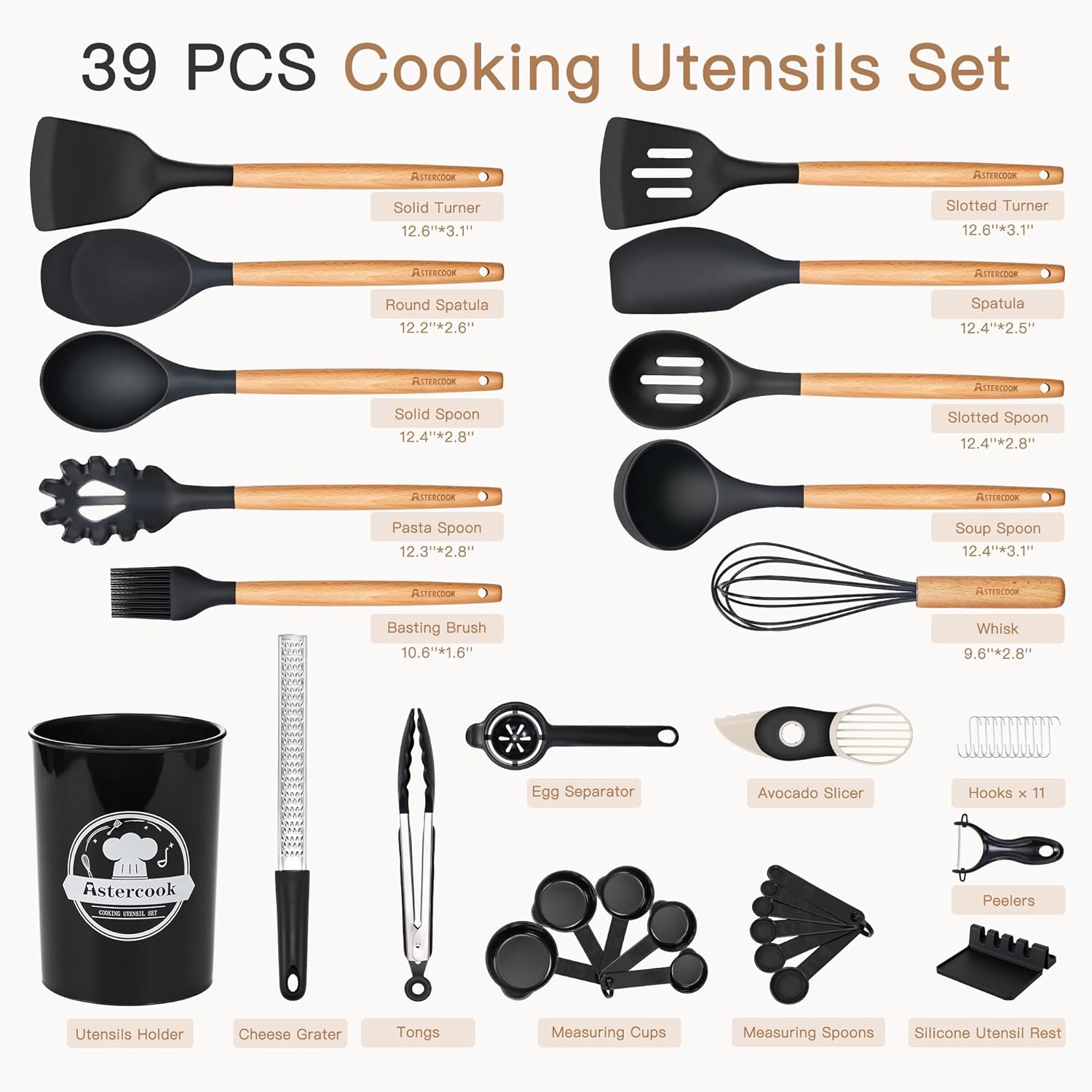 Astercook 39 PCS Kitchen Utensils Set, Silicone Cooking Utensil Sets with Wooden Handle, 446 ° F Heat Resistant Food Grade Spatula Set, BPA Free Kitchen Gadgets Tools Set & Spoons for Nonstick Cookware