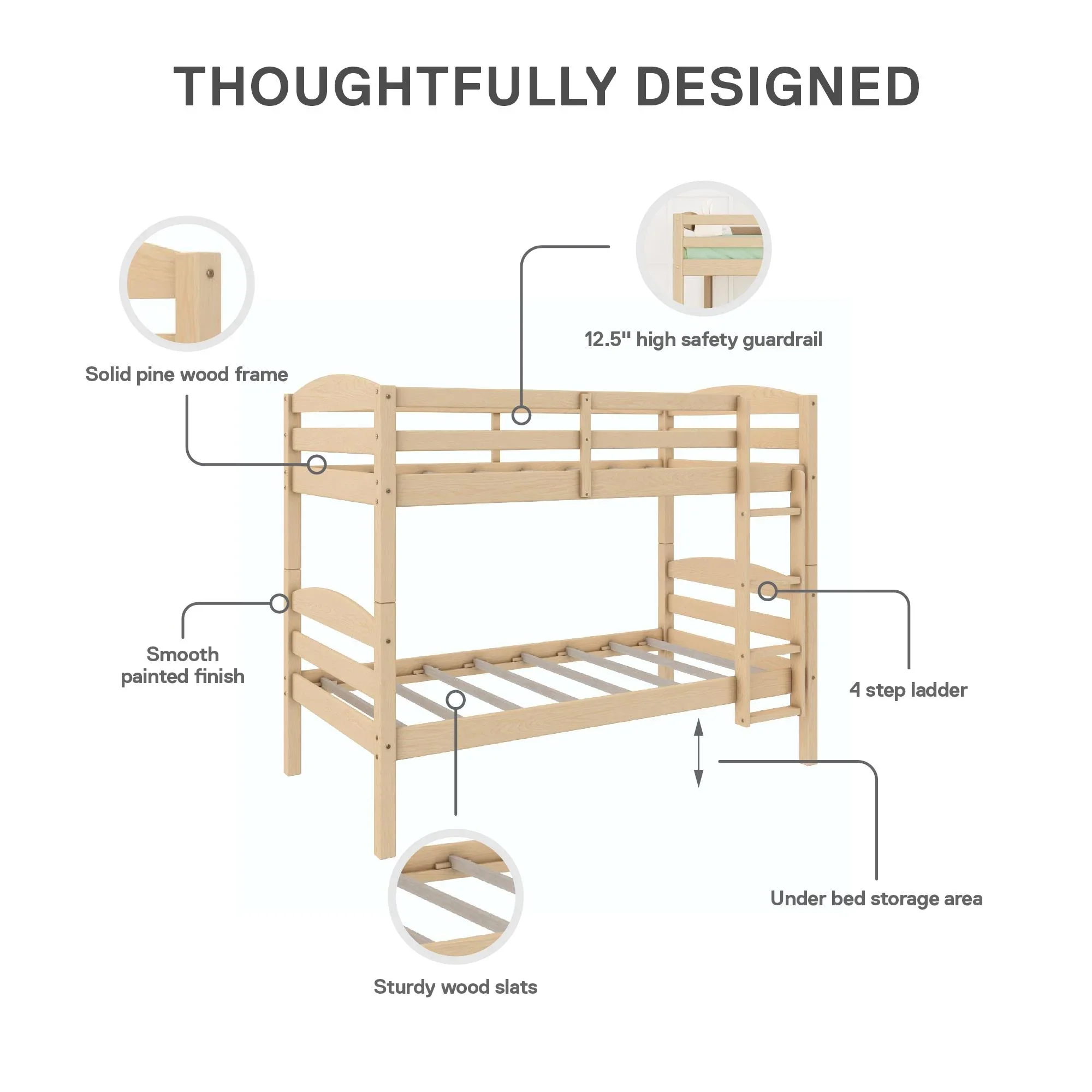 Better Homes & Gardens Leighton Solid Wood Twin-over-Twin Convertible Bunk Bed, Vanilla