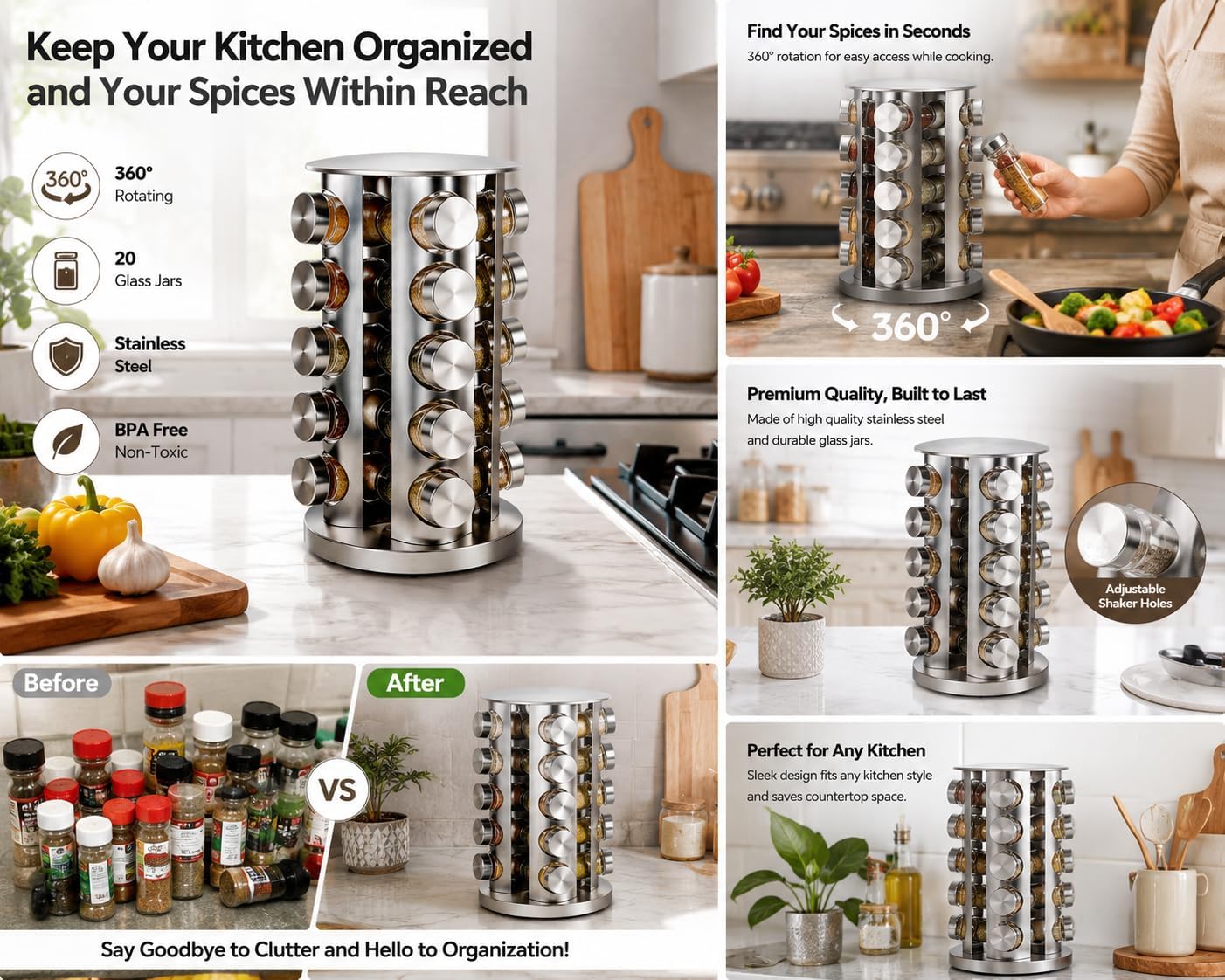 Revolving Spice Rack with 20 Jars,Spice Rack Organizer With labels funnel