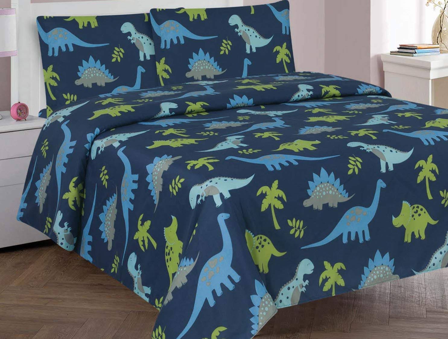 Golden Linens 4 Pieces Full Size Printed Modern Designs Kids Sheets Bed Cover with Pillow Cases (Dinosaur)
