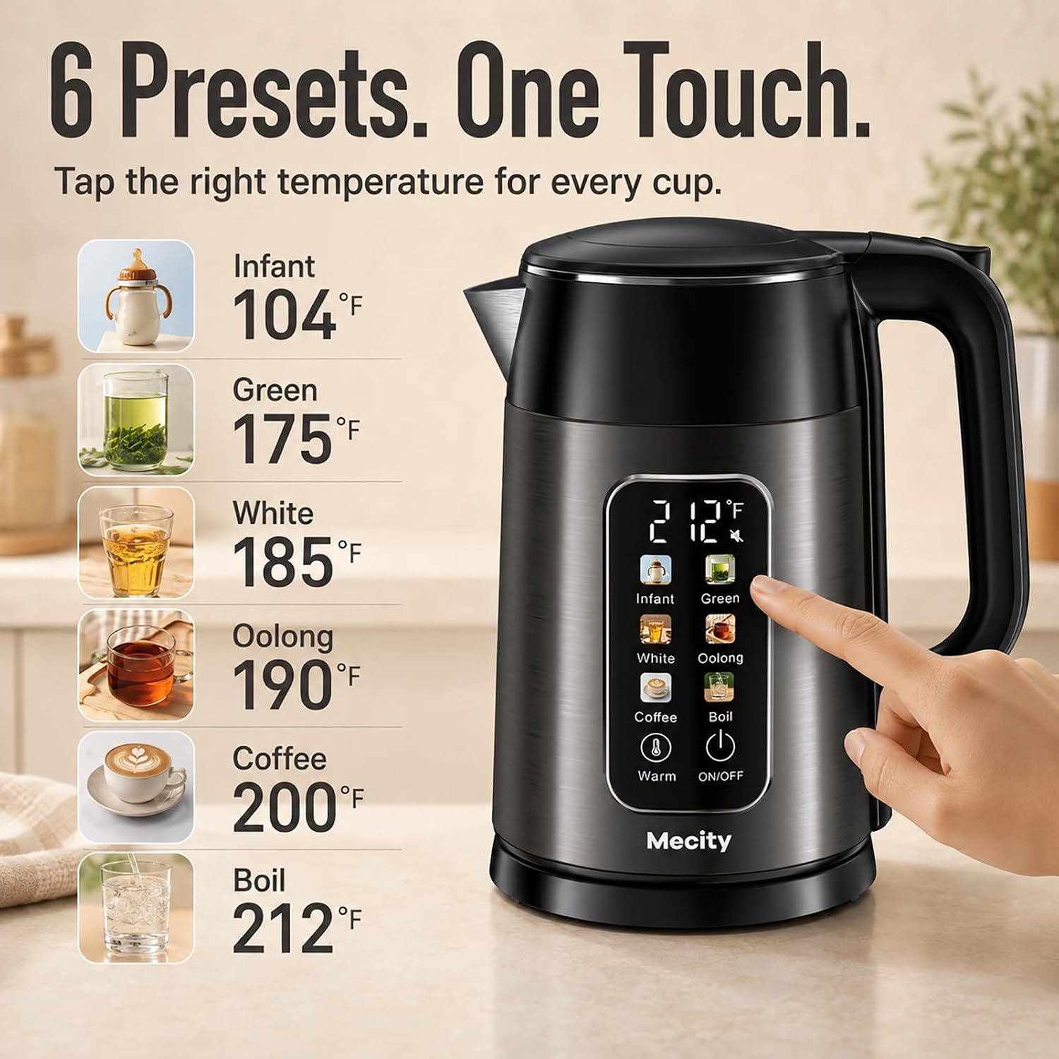 Mecity Electric Kettle 1.7L Touch Screen Temperature Control Water Boiler, No Plastic Contact with Water6 Preset Temperature Programs, 2 Hours Keep Warm, Auto Shut Off, Dark Grey