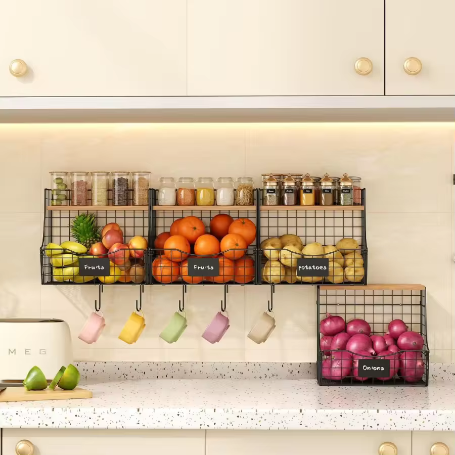Fruit Basket For Kitchen With Lid, Counter&Amp;Wall Mounted Hanging Fruit Basket, Potato And Onion Storage, Metal Wire Fruit And Vegetable