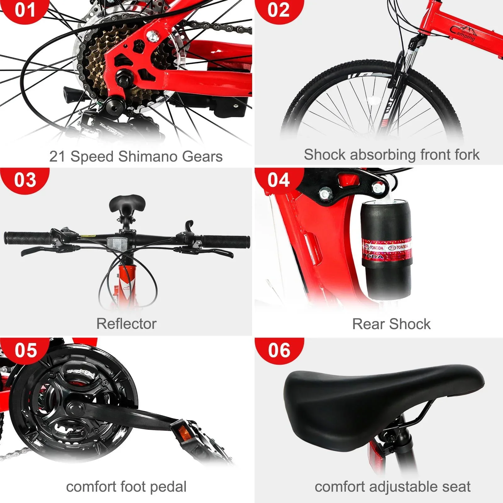 Campingsurvivals Folding Mountain Bike Shimano 21-Speed, with 26 inch Wheels, Red